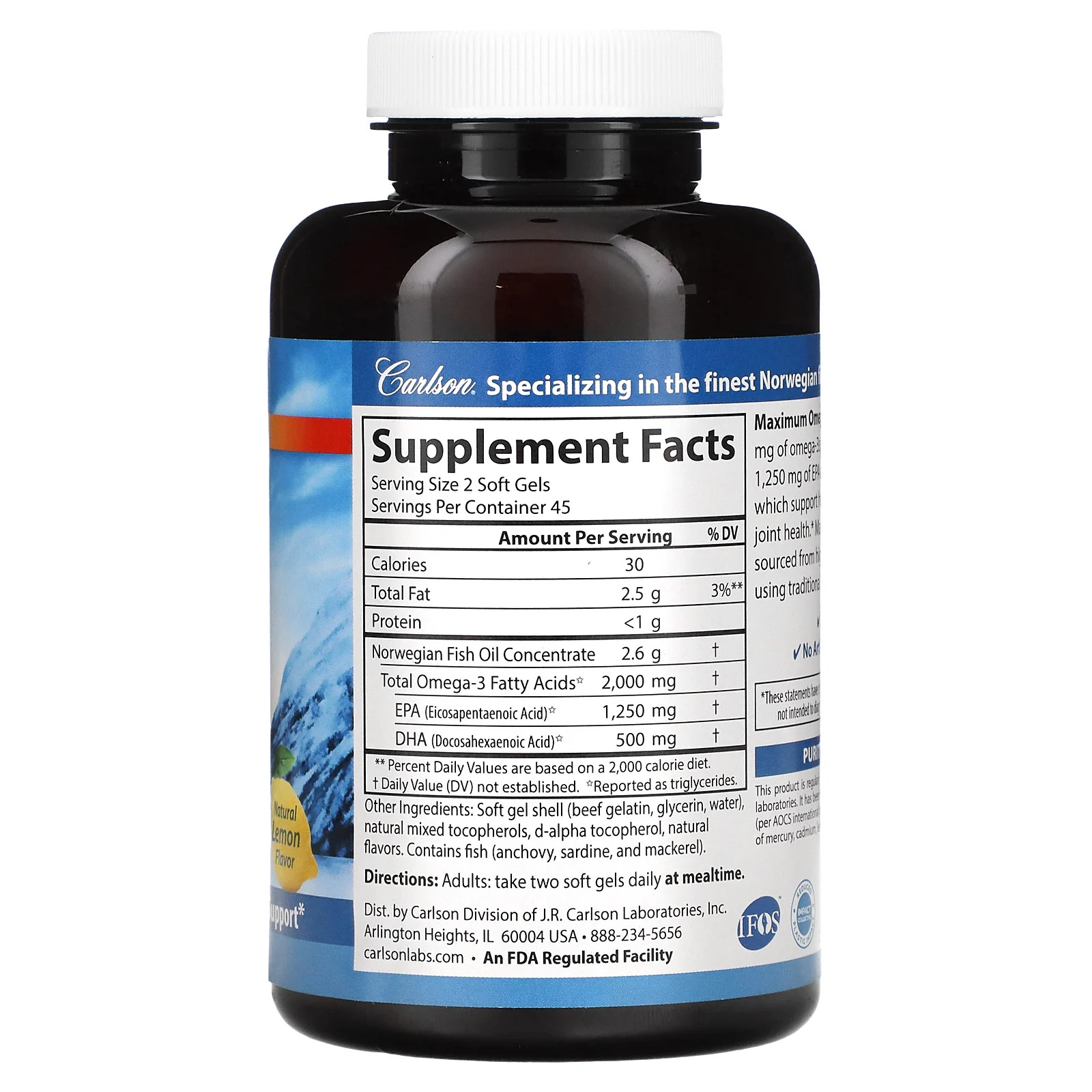 Carlson, Maximum Omega 2000, омега-3 кислоты из норвежской рыбы дикого улова, с натуральным лимонным вкусом, 2000 мг, 90 капсул (1000 мг в 1 капсуле)