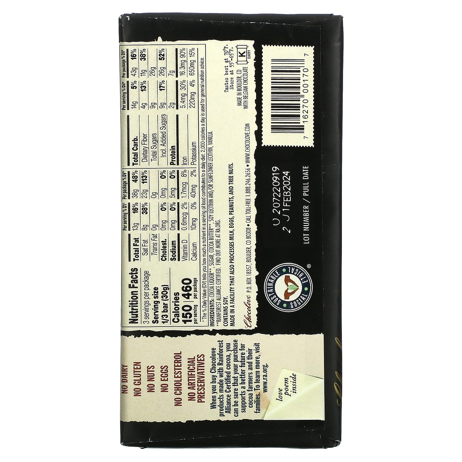 Chocolove, экстрагорький черный шоколад, 70% какао, 90 г (3,2 унции)