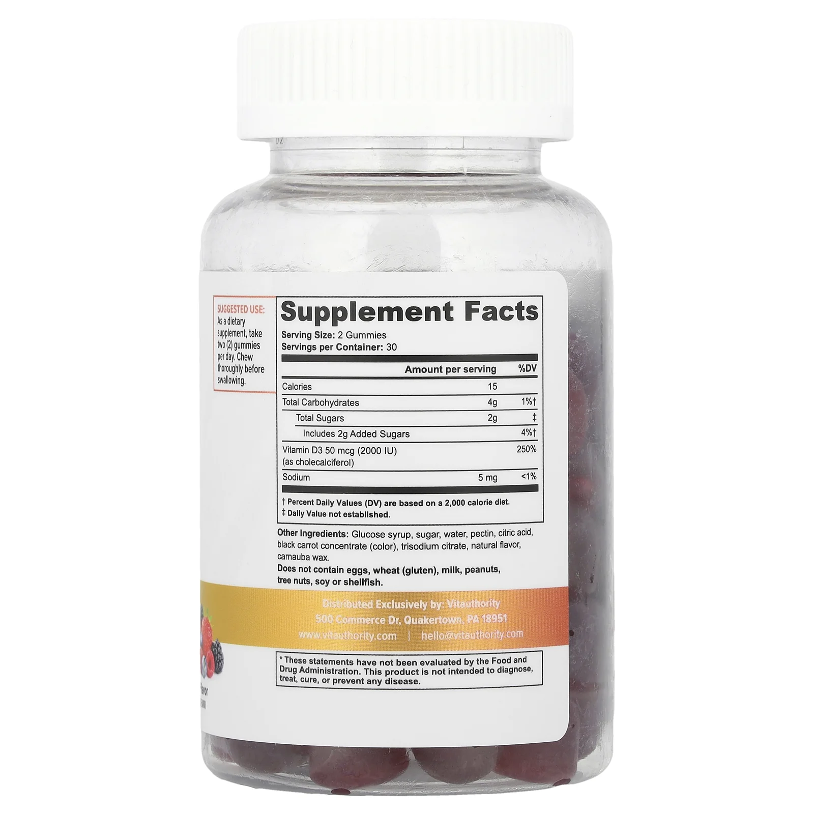 Vitauthority, Жевательные мармеладки с витамином D3, ягодные, 50 мкг (2000 МЕ), 60 жевательных таблеток (25 мкг в каждой жевательной таблетке)