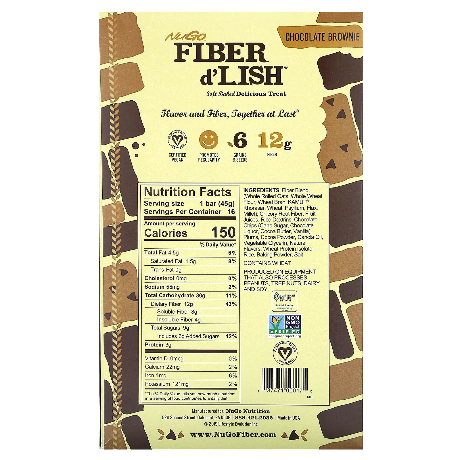 NuGo Nutrition, Fiber d'Lish, шоколадный брауни, 16 батончиков по 45 г (1,6 унции)