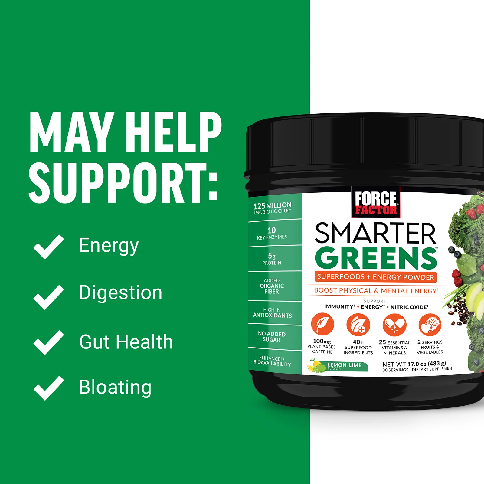 Force Factor, Smarter Greens, суперфуды + энергетический порошок, лимон и лайм, 436 г (15,4 унции)