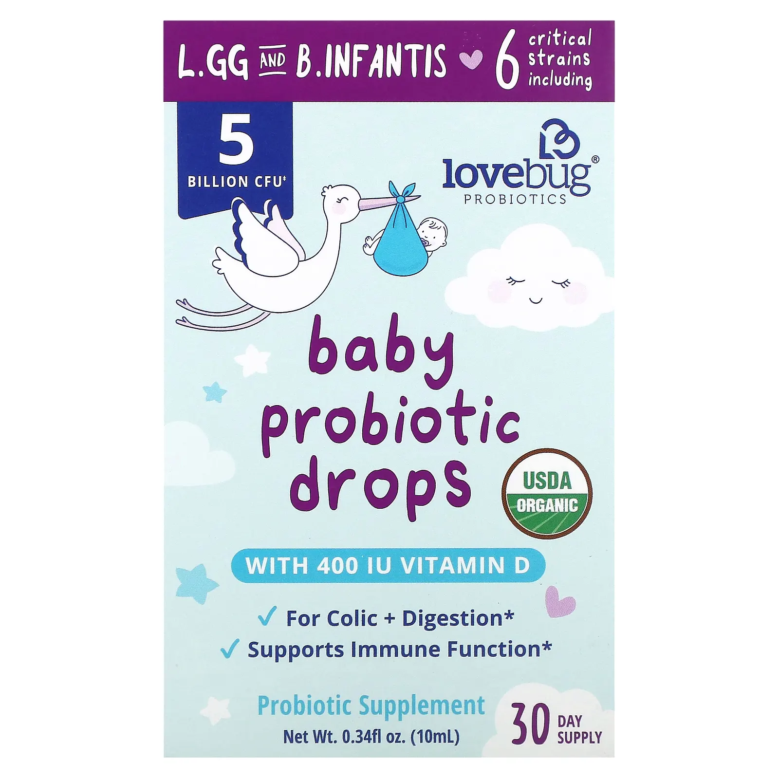 LoveBug Probiotics, пробиотик для детей, в жидкой форме, 5 млрд КОЕ, 10 мл (0,34 жидк. унции)
