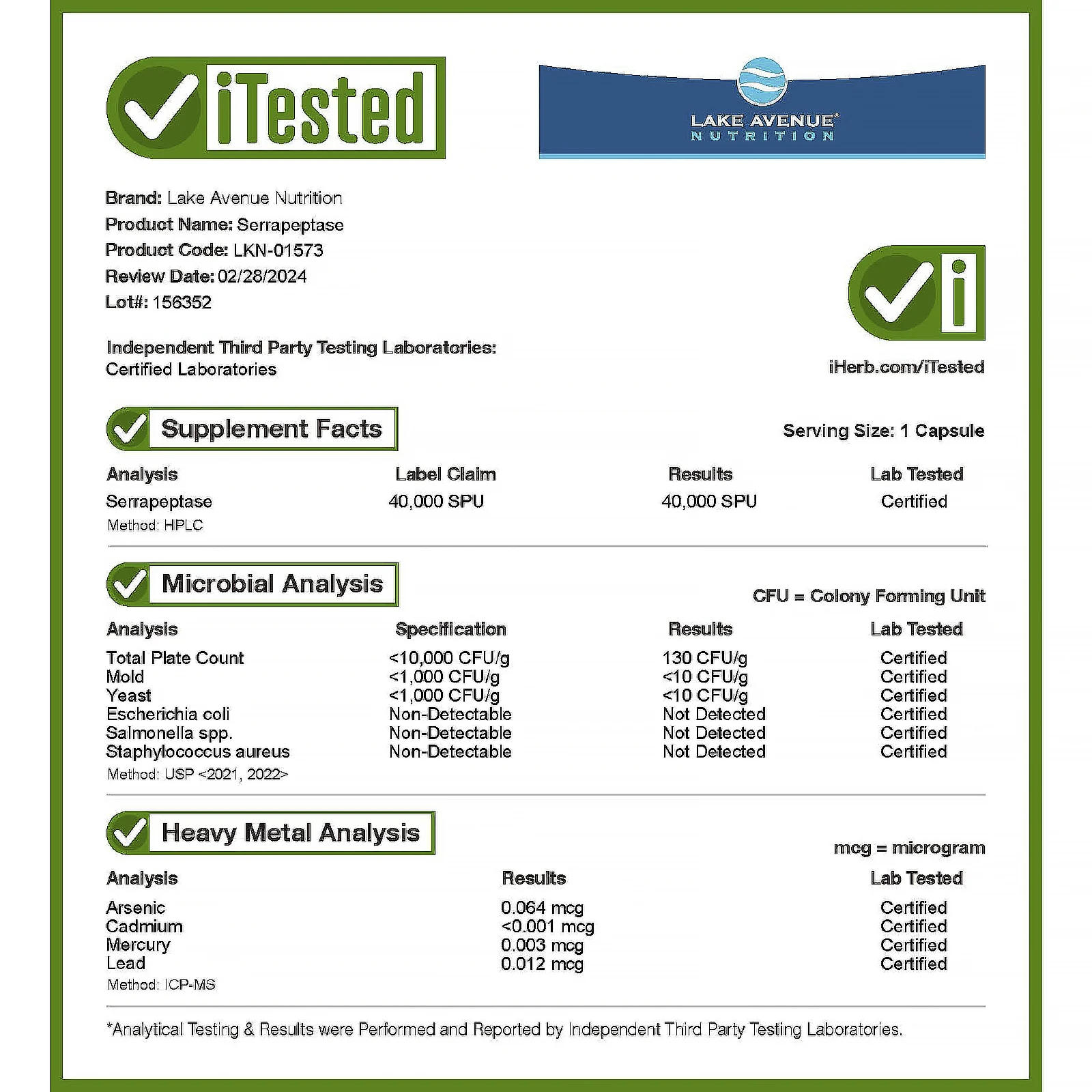 Lake Avenue Nutrition, серрапептаза, протеолитический фермент, 40 000 SPU, 30 растительных капсул