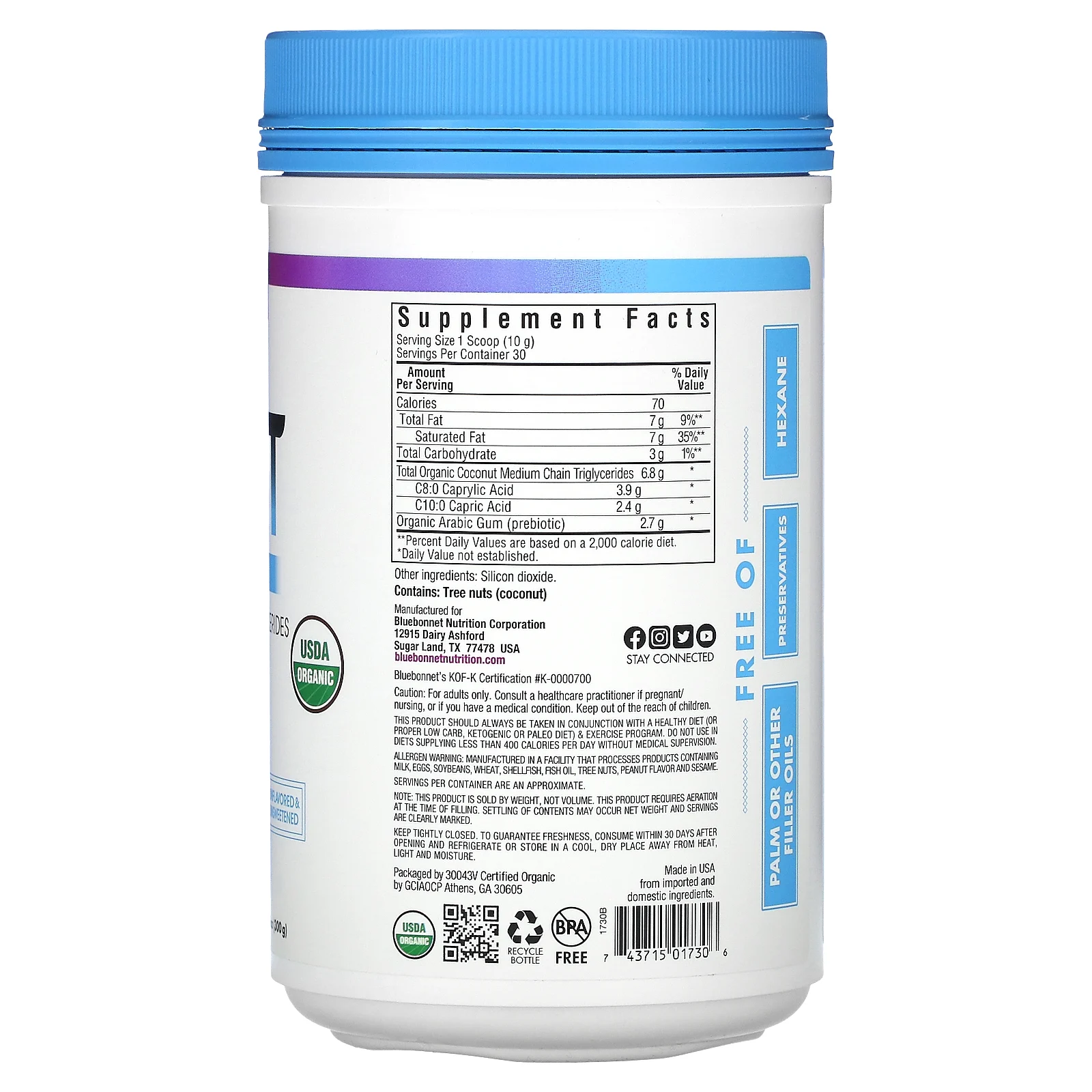 Bluebonnet Nutrition, Органический порошок среднецепочечных триглицеридов, без добавок, 300 г (10,58 унции)