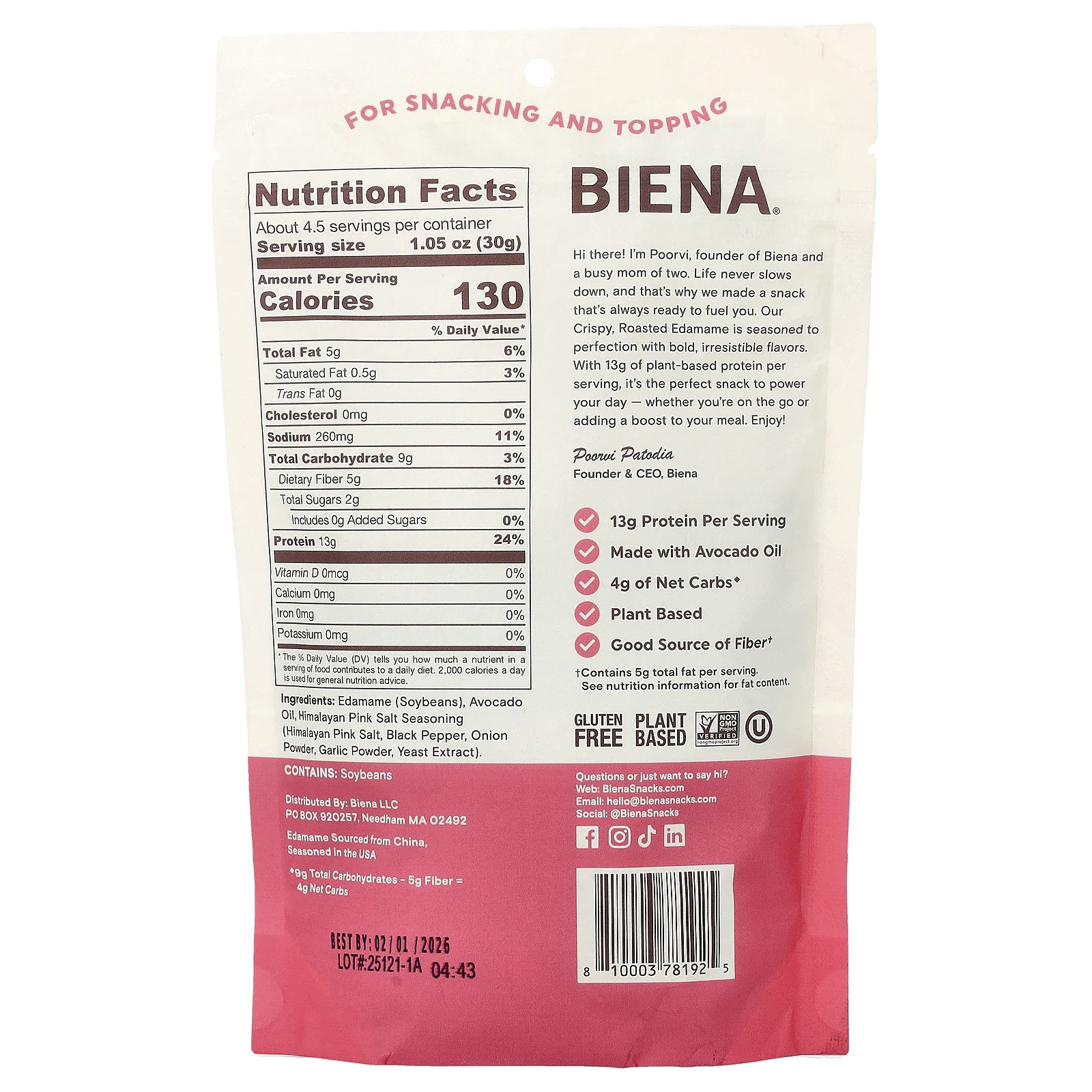 BIENA, Crispy Roasted Edamame, Himalayan Pink Salt, 4.75 oz (135 g)