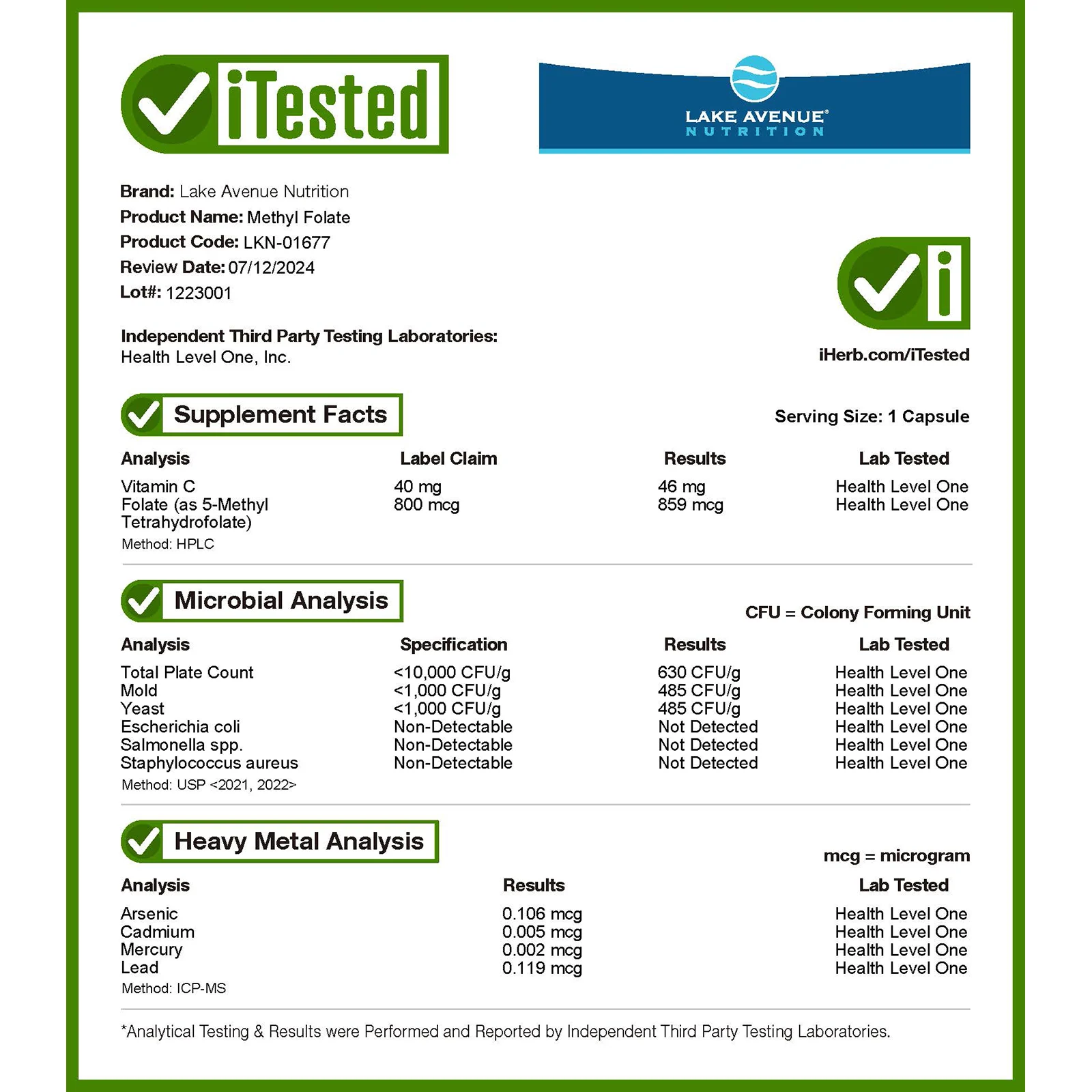 Lake Avenue Nutrition, метилфолат, 1360 мкг, 120 растительных капсул