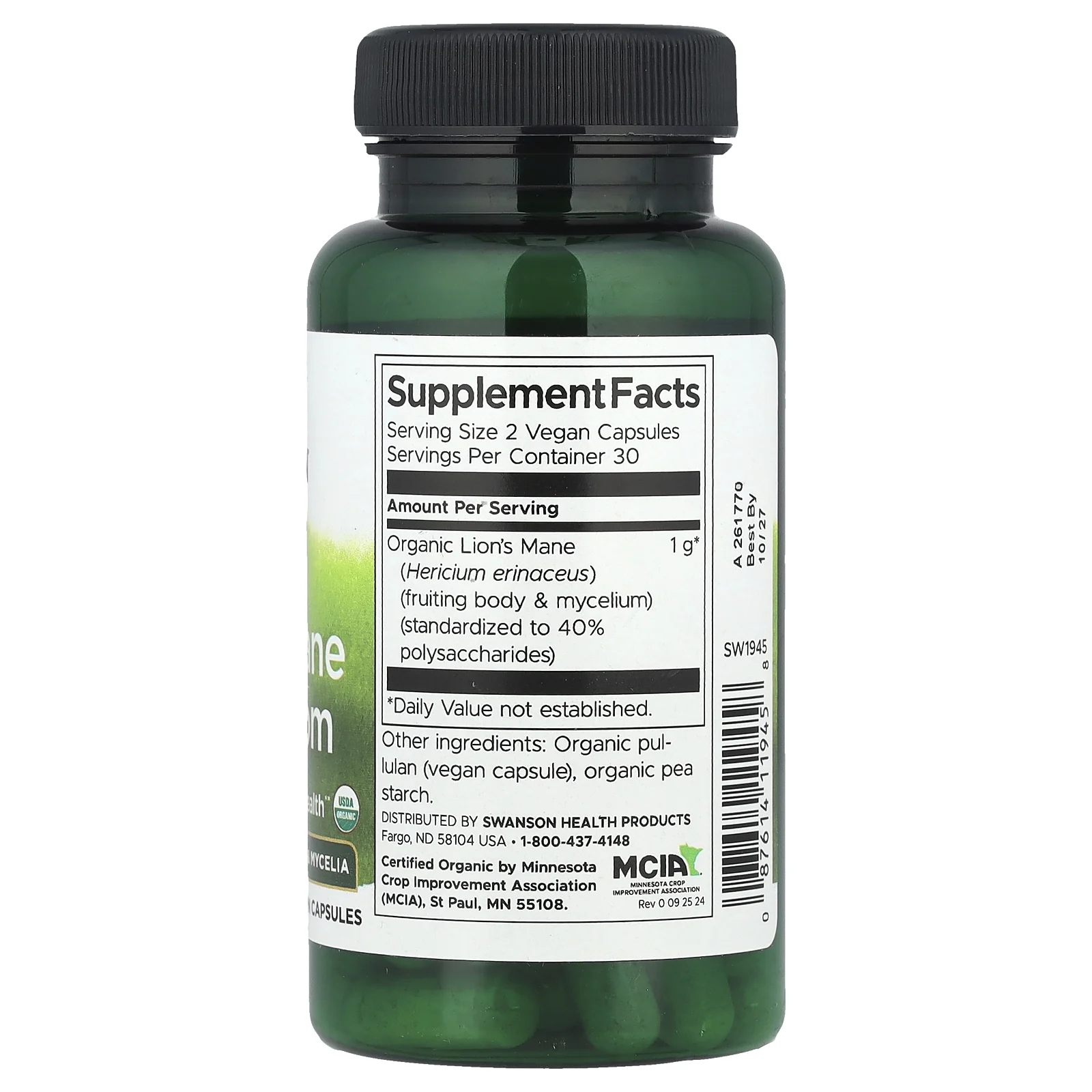 Swanson, Органический гриб львиная грива, 1 г, 60 веганских капсул (0,5 г в 1 капсуле)