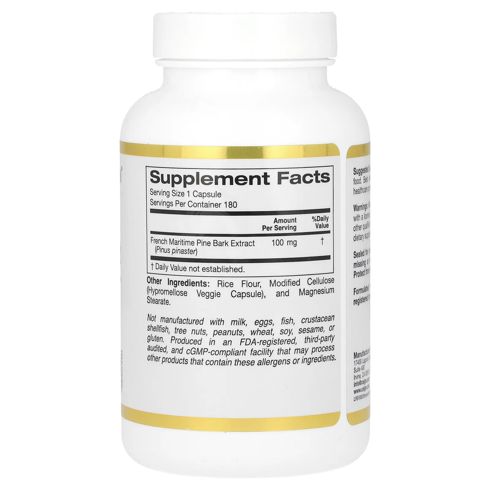 California Gold Nutrition, Oligopin, экстракт коры французской приморской сосны, полифенольный антиоксидант, 100 мг, 180 растительных капсул