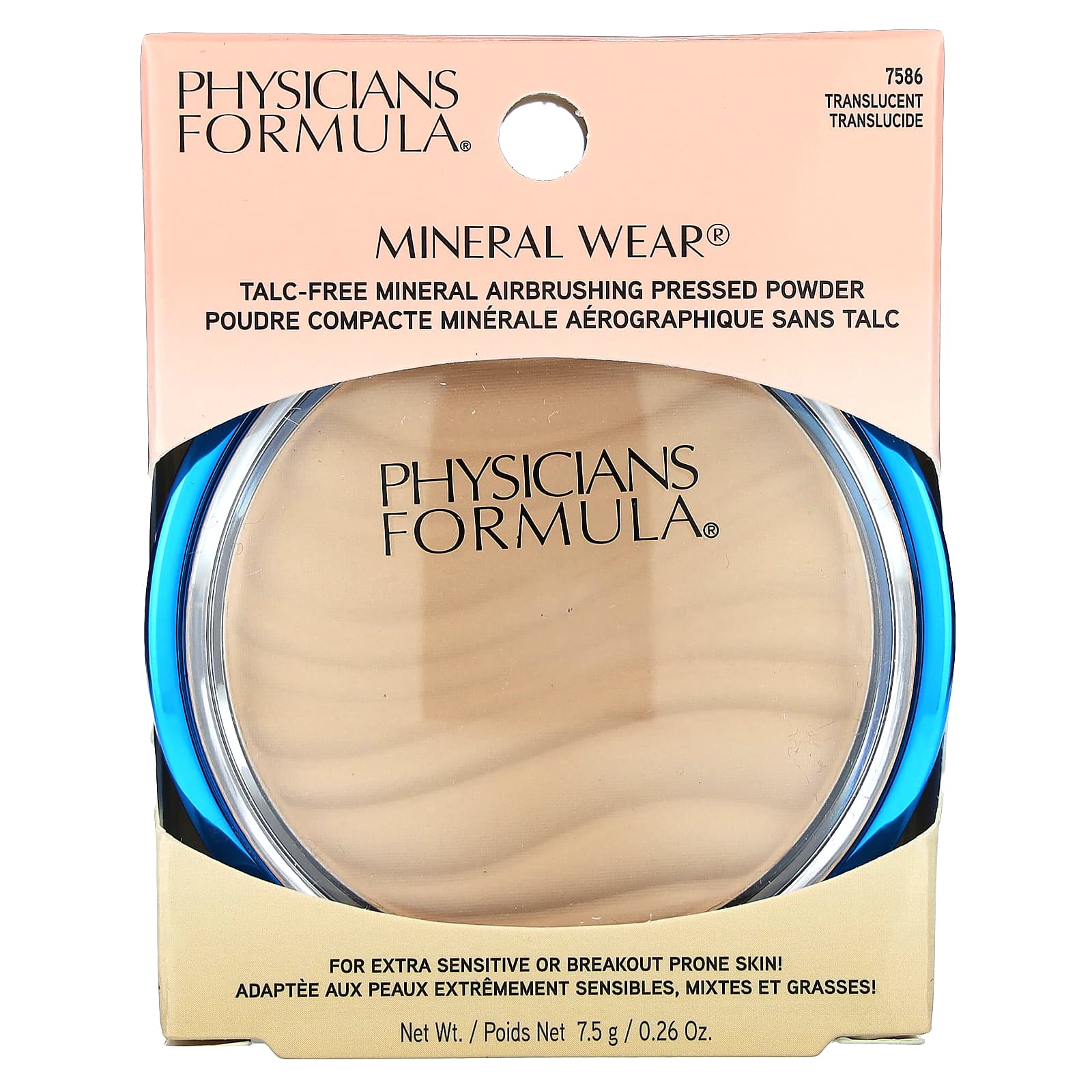 Physicians Formula, Mineral Wear, прессованная минеральная пудра для ретуши, без талька, 7586 полупрозрачная, 7,5 г (0,26 унции)