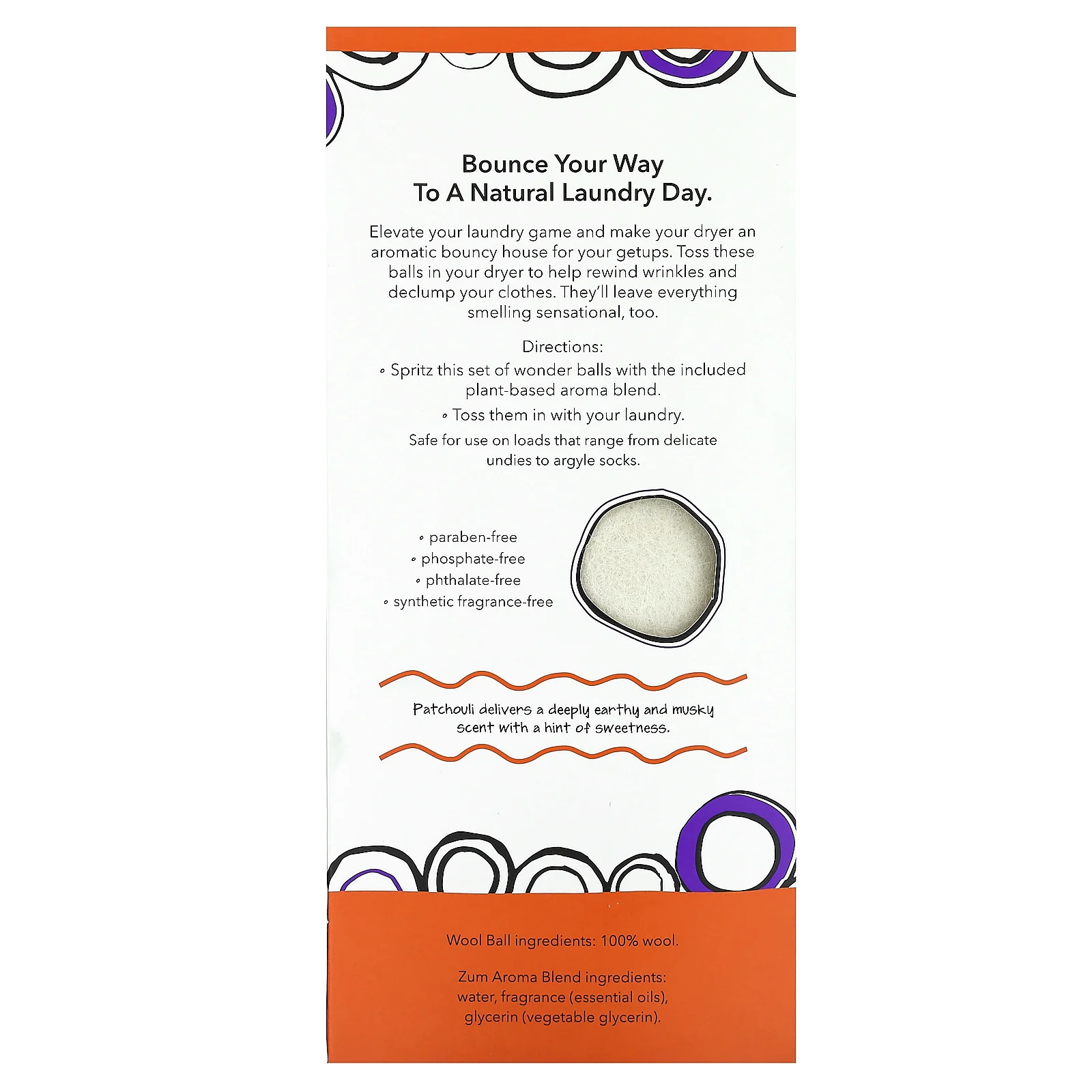 ZUM, шарики для сушки шерсти с ароматической смесью, пачули, 4 шт.