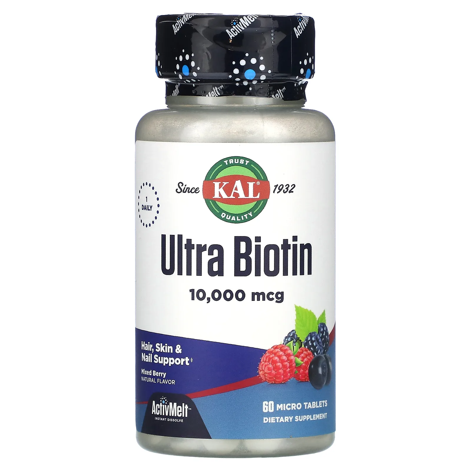 KAL, Ultra Biotin, ActivMelt, биотин, со вкусом ягодного ассорти, 10 000 мкг, 60 микротаблеток