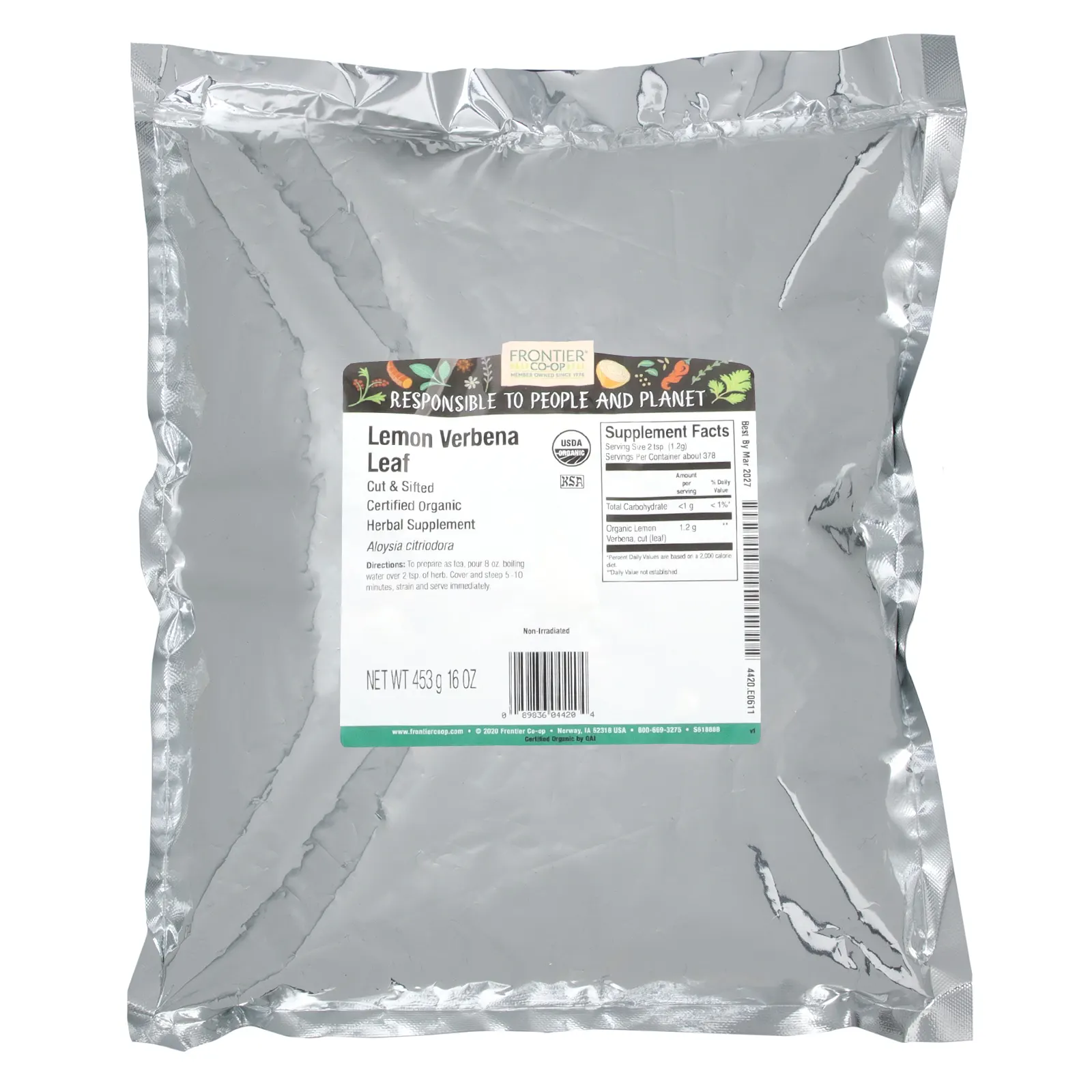 Frontier Co-op, Органические нарезанные и просеянные листья лимонной вербены, 453 г (16 унций)
