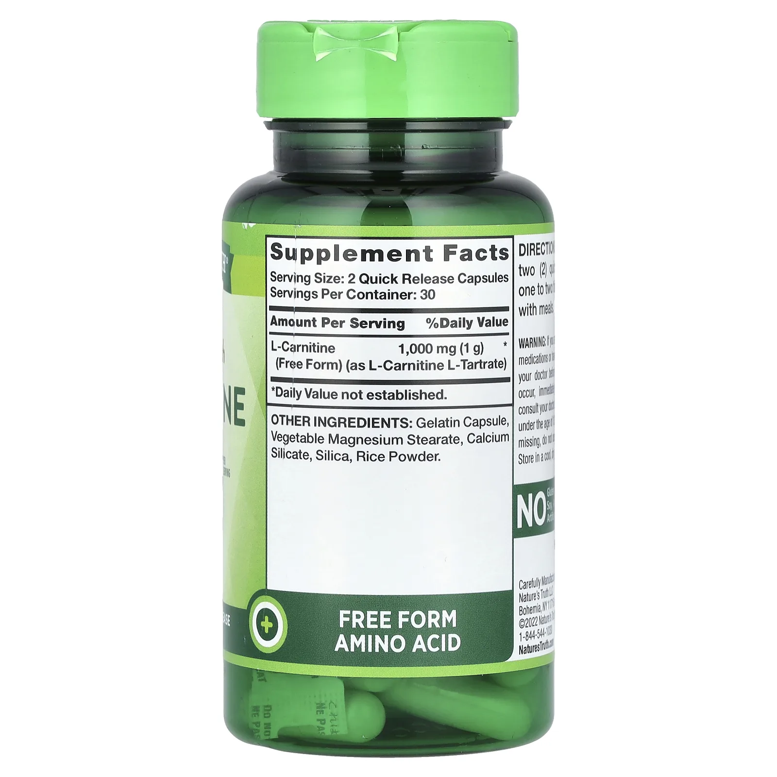 Nature's Truth, L-карнитин Mega Strength, 1000 мг, 60 капсул быстрого высвобождения (500 мг в каждой капсуле)
