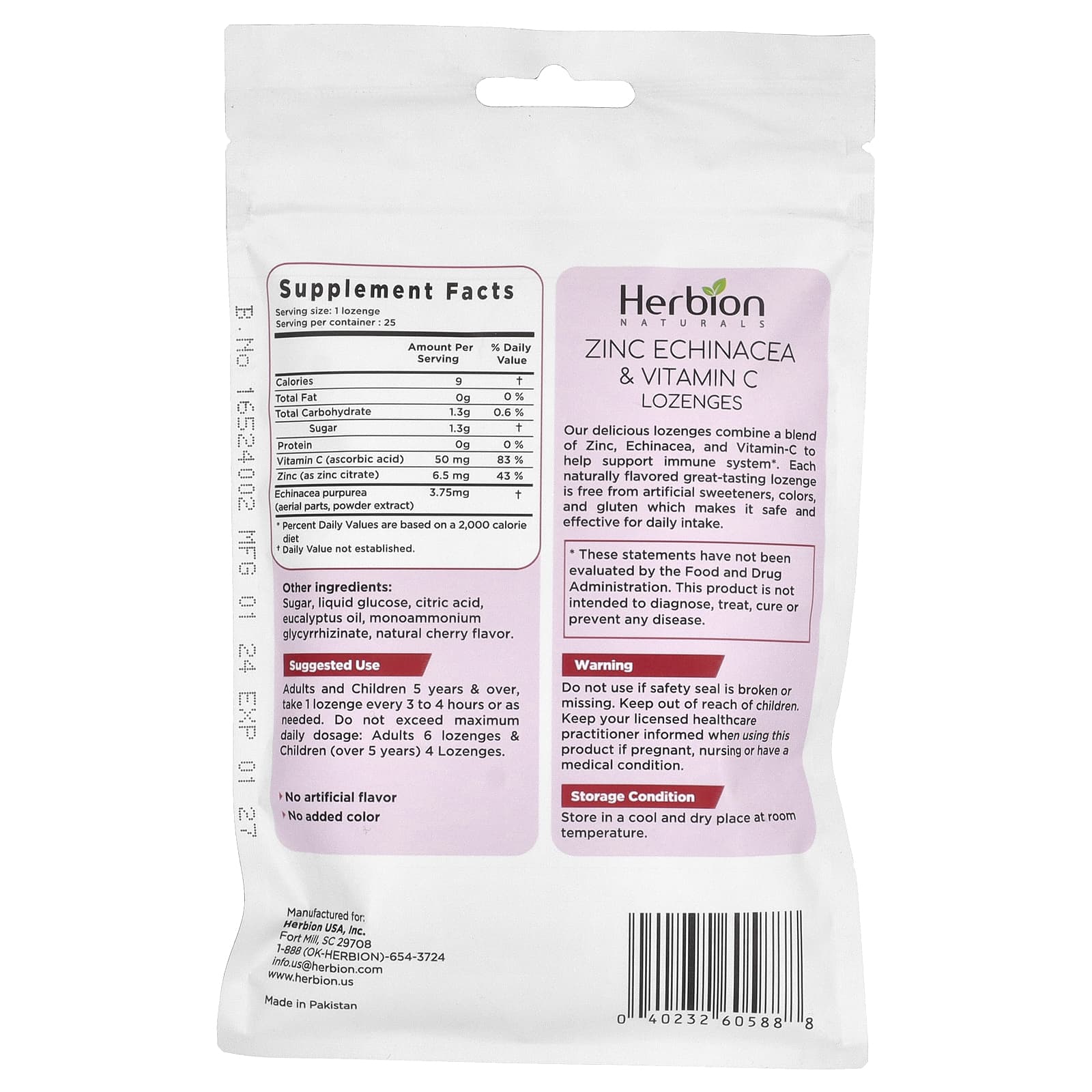 Herbion, Леденцы с цинком и эхинацеей и витамином C, вишня, 25 пастилок