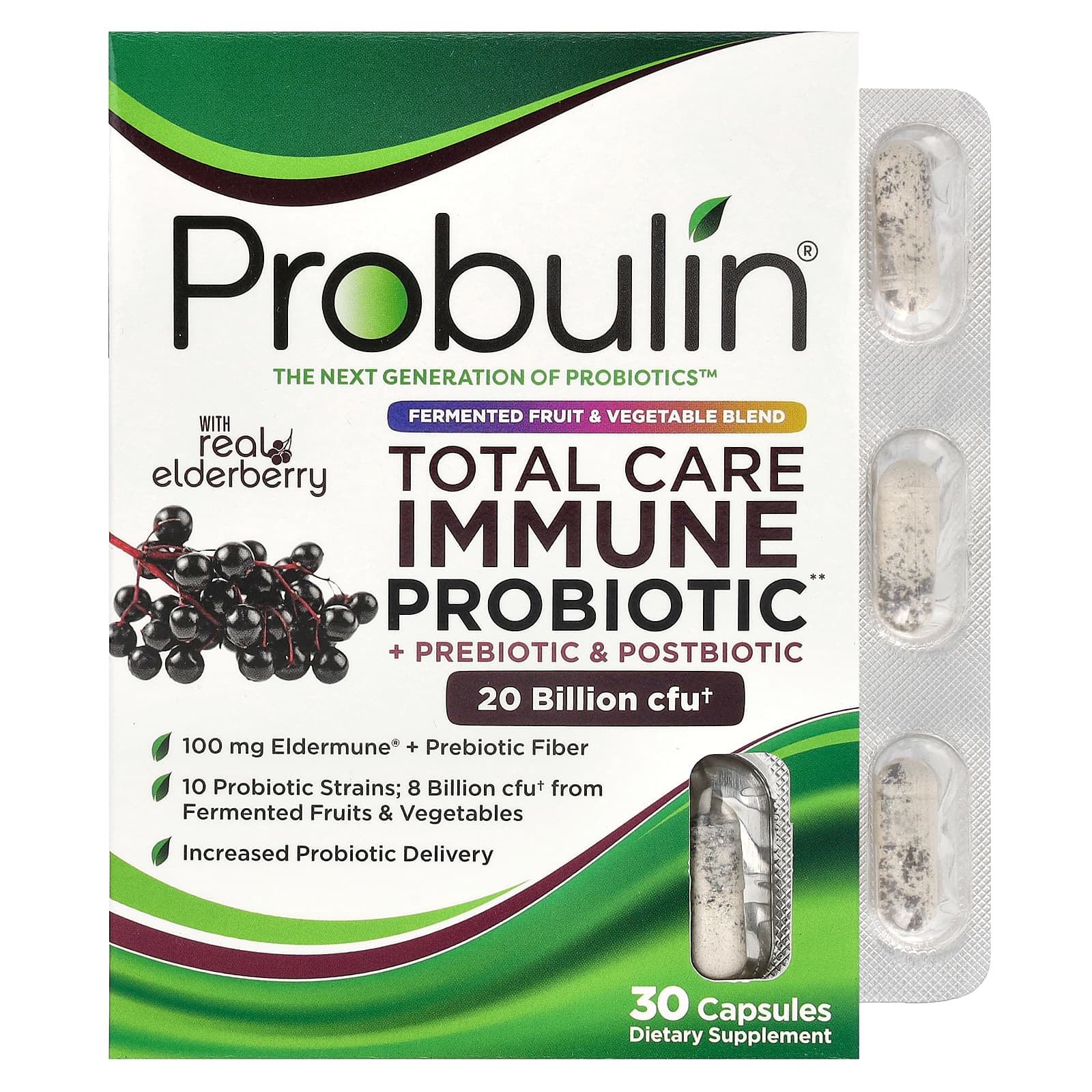 Probulin, Total Care Immune, пробиотики, пребиотики и постбиотики с настоящей бузиной, 20 млрд, 30 капсул (20 млрд КОЕ в 1 капсуле)