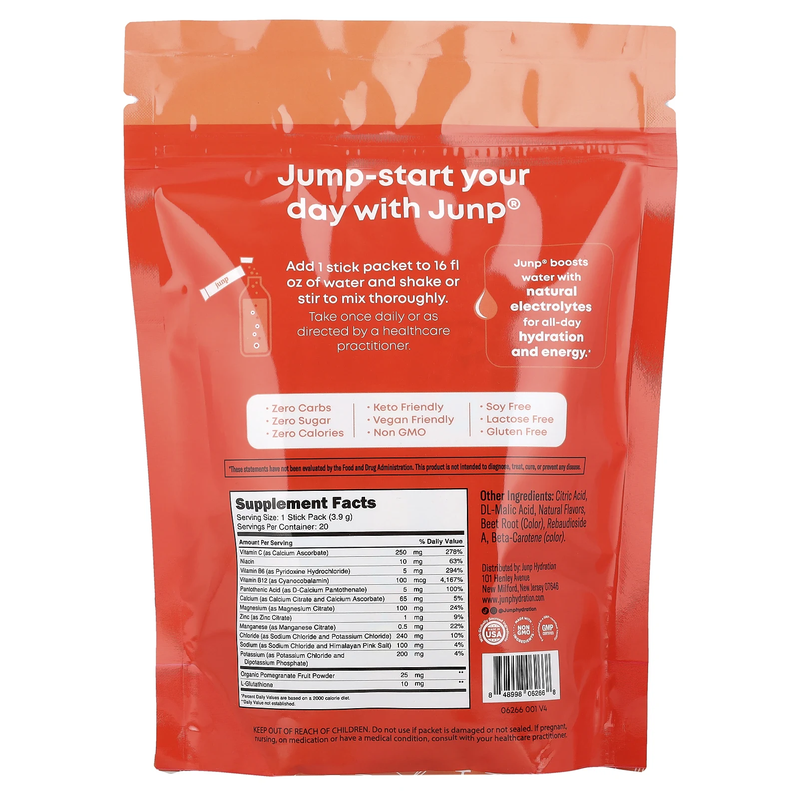 JUNP Hydration, электролитная порошковая смесь, персик, 20 пакетиков по 3,9 г (0,14 унции)