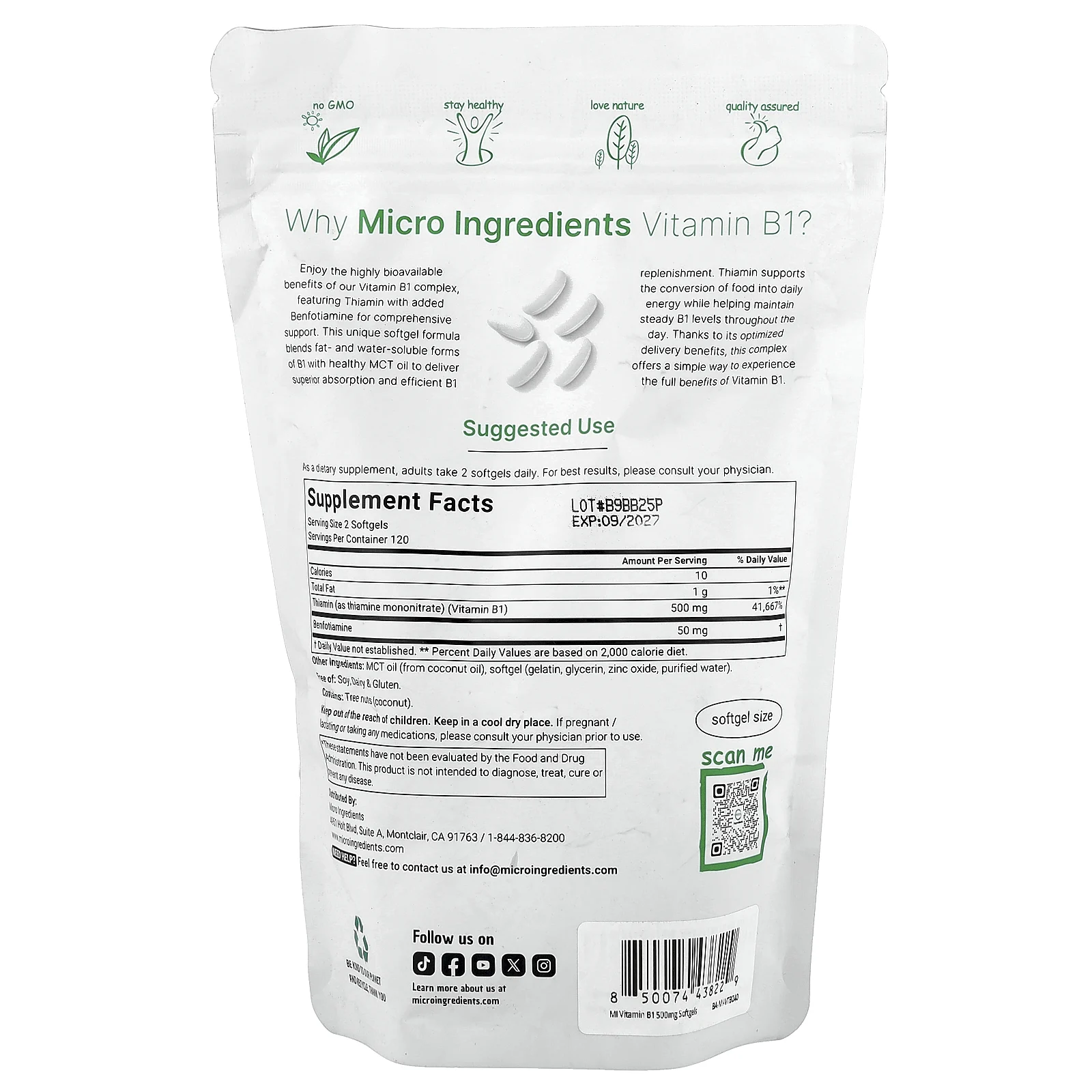 Micro Ingredients, витамин B1 с бенфотиамином, 240 капсул