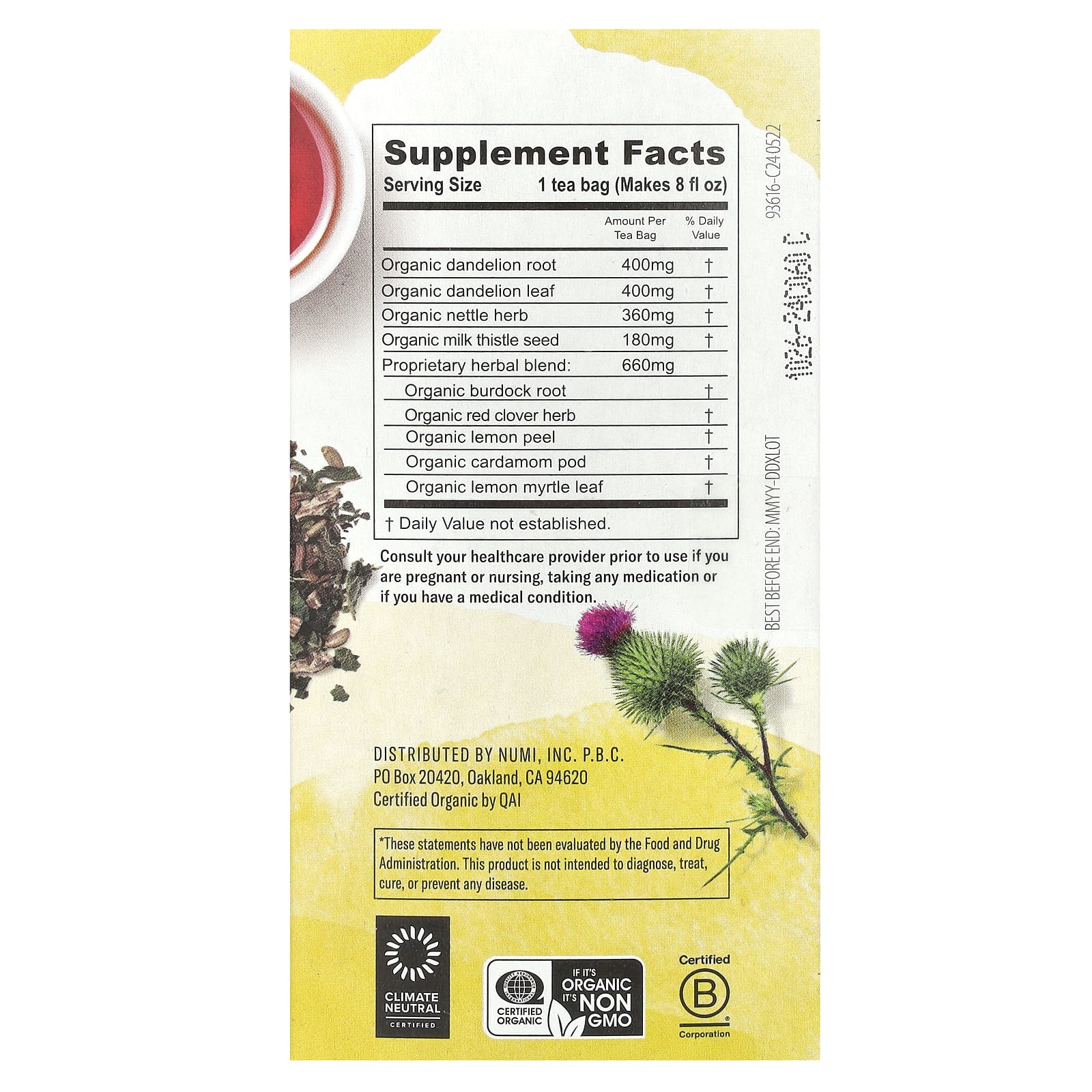 Numi Tea, Organic, Dandelion Detox, без кофеина, 16 чайных пакетиков без ГМО, 32 г (1,13 унции)