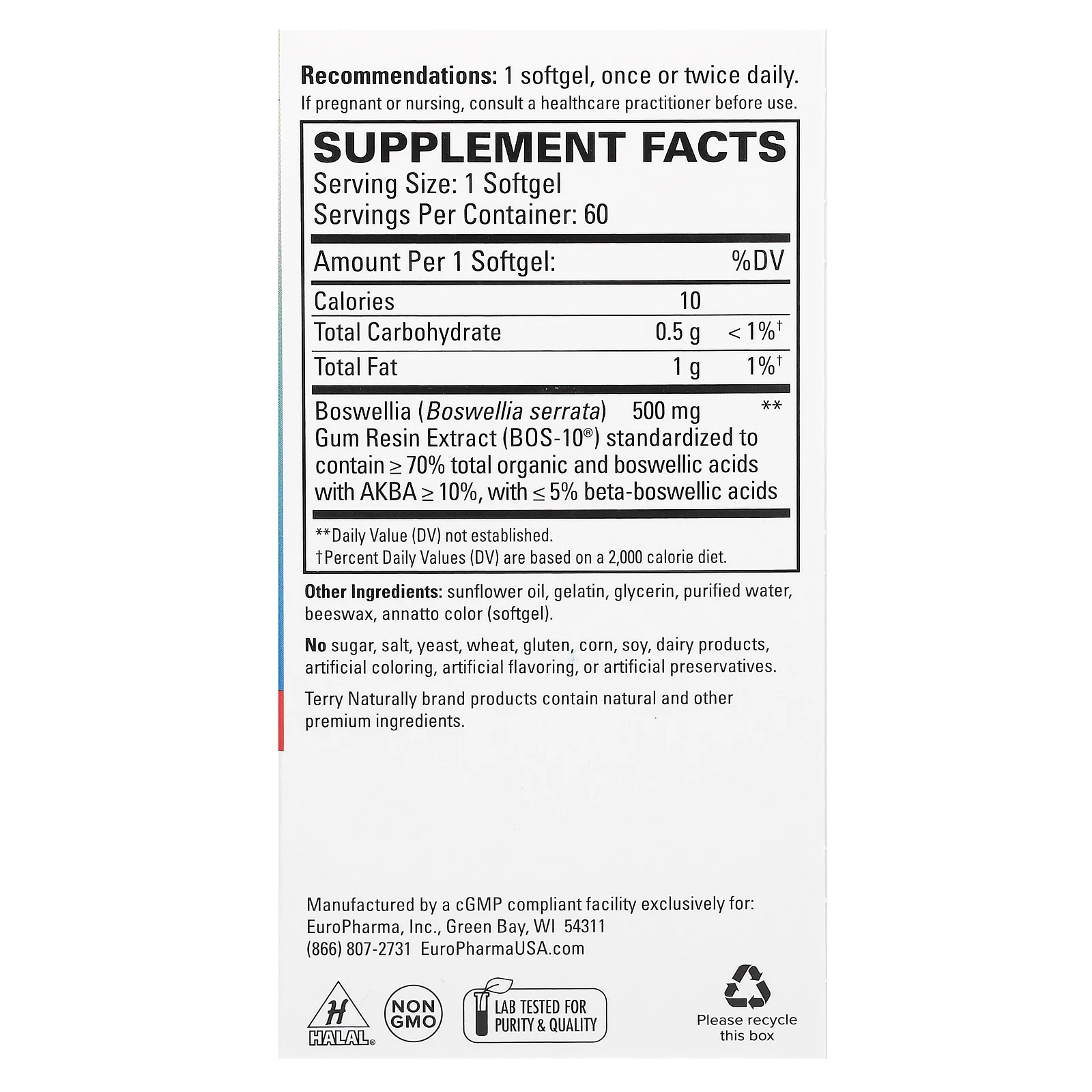 Terry Naturally, BosMed 500, усиленного действия, босвеллия повышенной эффективности, 500 мг, 60 мягких таблеток