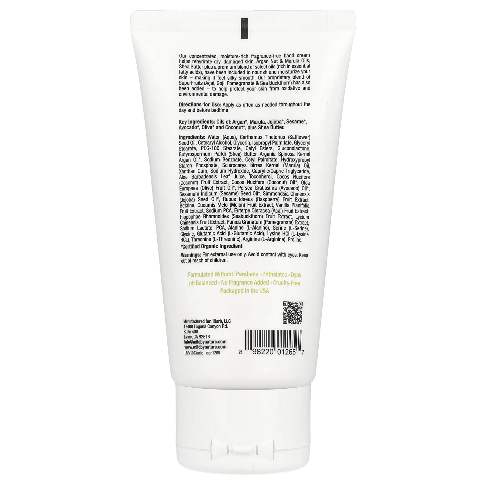 Mild By Nature, успокаивающий крем для рук с аргановым маслом, маслом марулы, кокосовым маслом и маслом ши, без запаха, 71 г (2,5 унции)