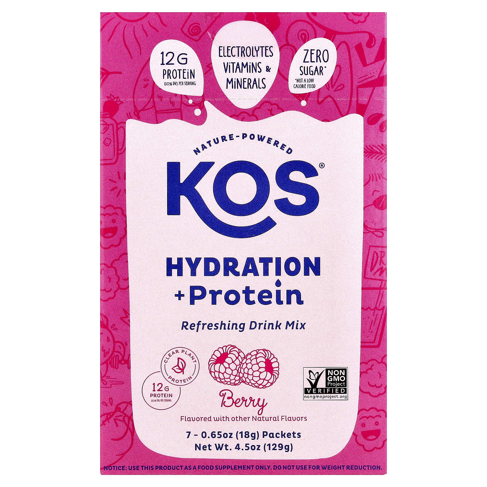 KOS, Hydration + Protein, освежающая смесь для напитков, ягоды, 7 пакетиков по 18 г (0,65 унции)