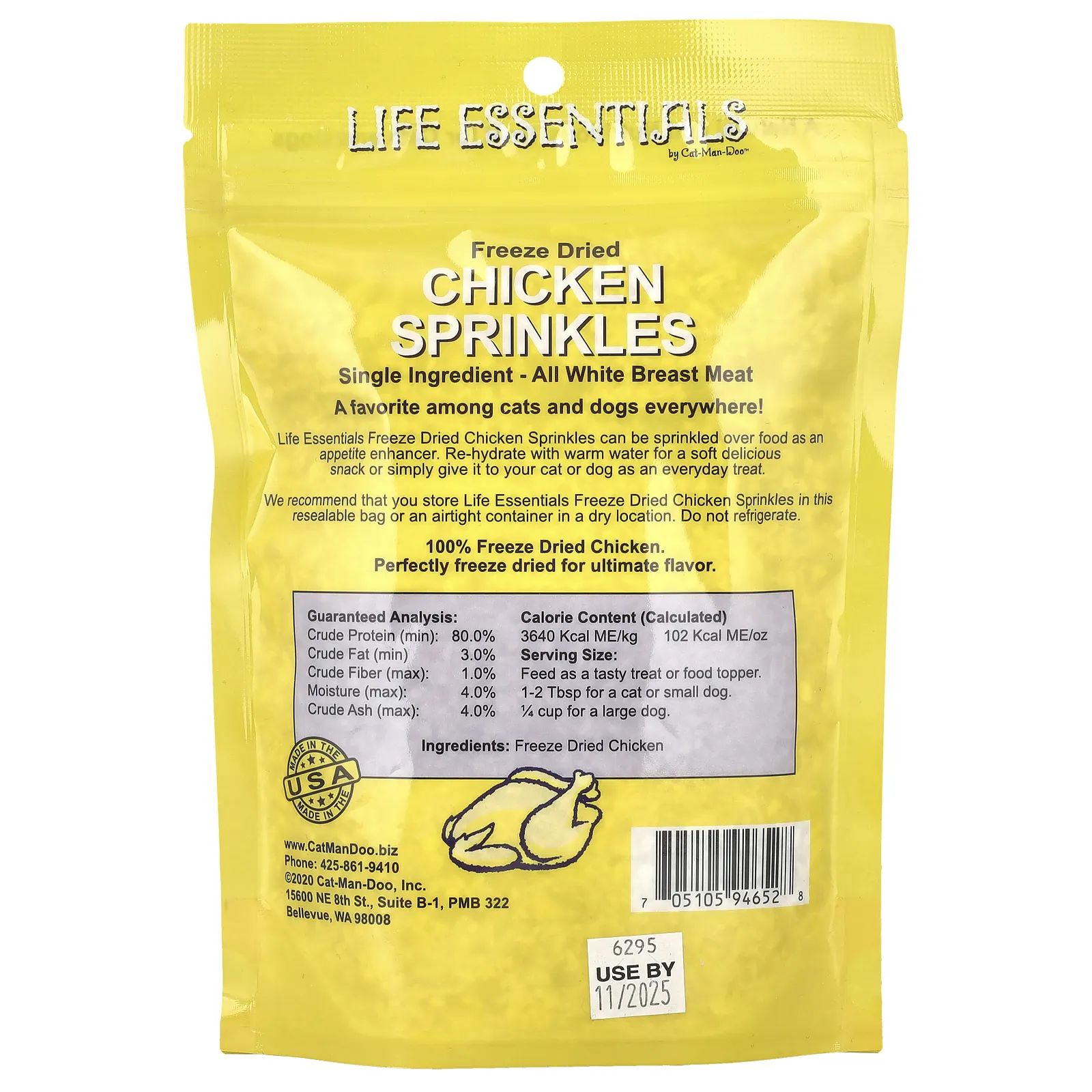 Cat-Man-Doo, Life Essentials, сублимированная курица, для кошек и собак, 85 г (3 унции)