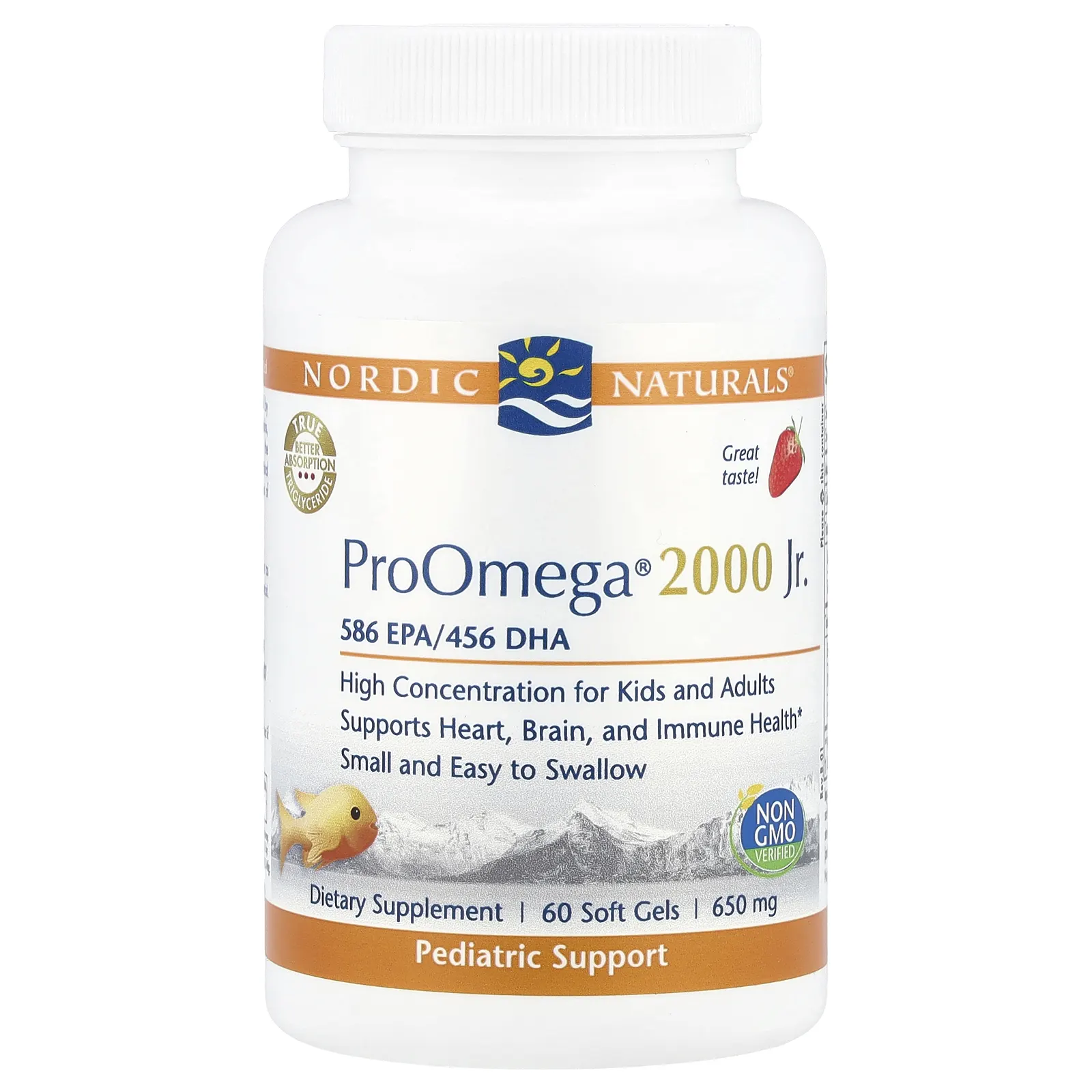 Nordic Naturals, Детская добавка ProOmega 2000, со вкусом клубники, 650 мг, 60 мягких желатиновых капсул