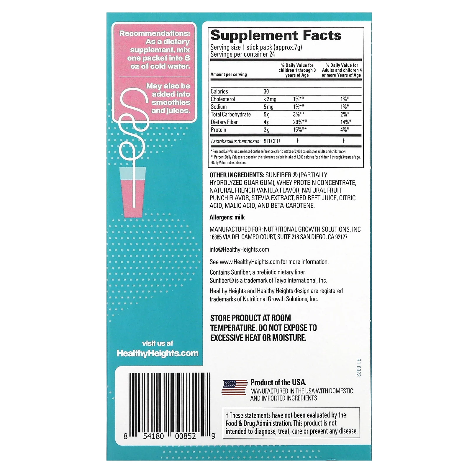 Healthy Heights, Happy Tummies+, для детей от 2 лет, фруктовый пунш, 24 пакетика по 7 г (0,25 унции)