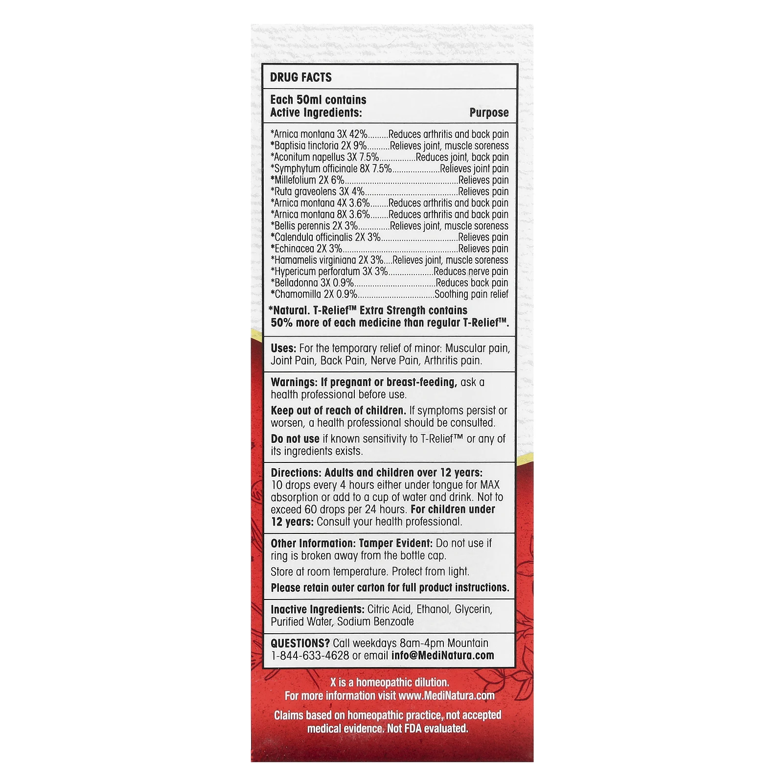 MediNatura, T-Relief, арника на растительной основе для облегчения состояния, усиленная сила действия, 50 мл (1,69 жидк. Унции)