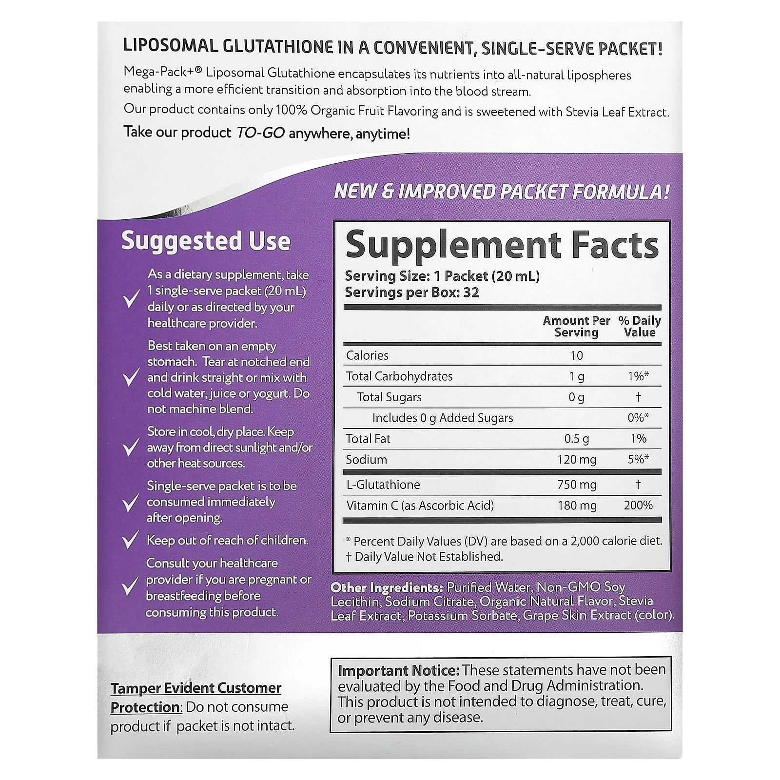 Aurora Nutrascience, Mega-Pack+, липосомальный глутатион, 750 мг, 32 пакетика по 20 мл (0,68 жидк. унции)