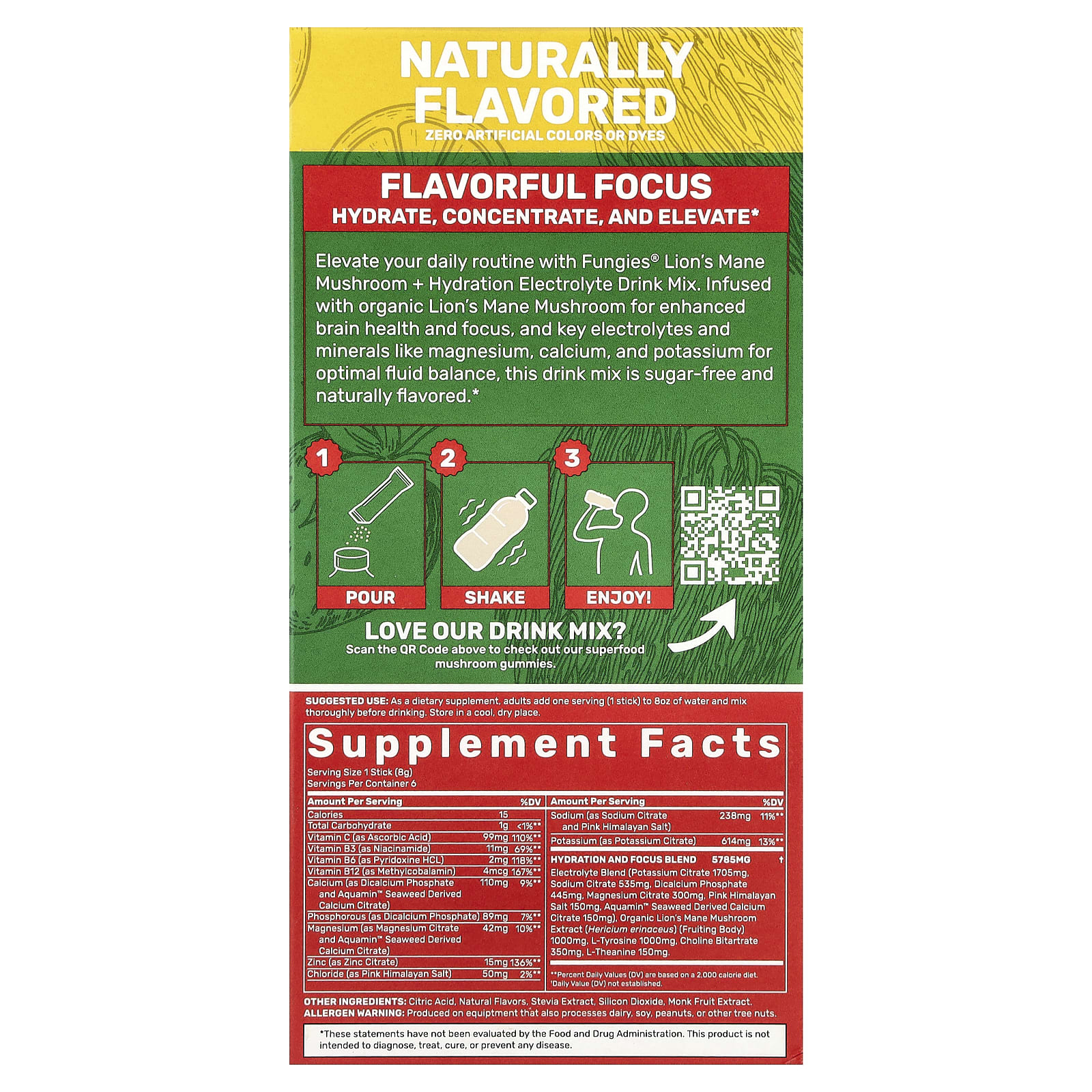 Fungies, ежовик гребенчатый, гриб, гидратация, смесь для приготовления электролитического напитка, клубничный лимонад, 6 пакетиков по 8 г (0,28 унции)