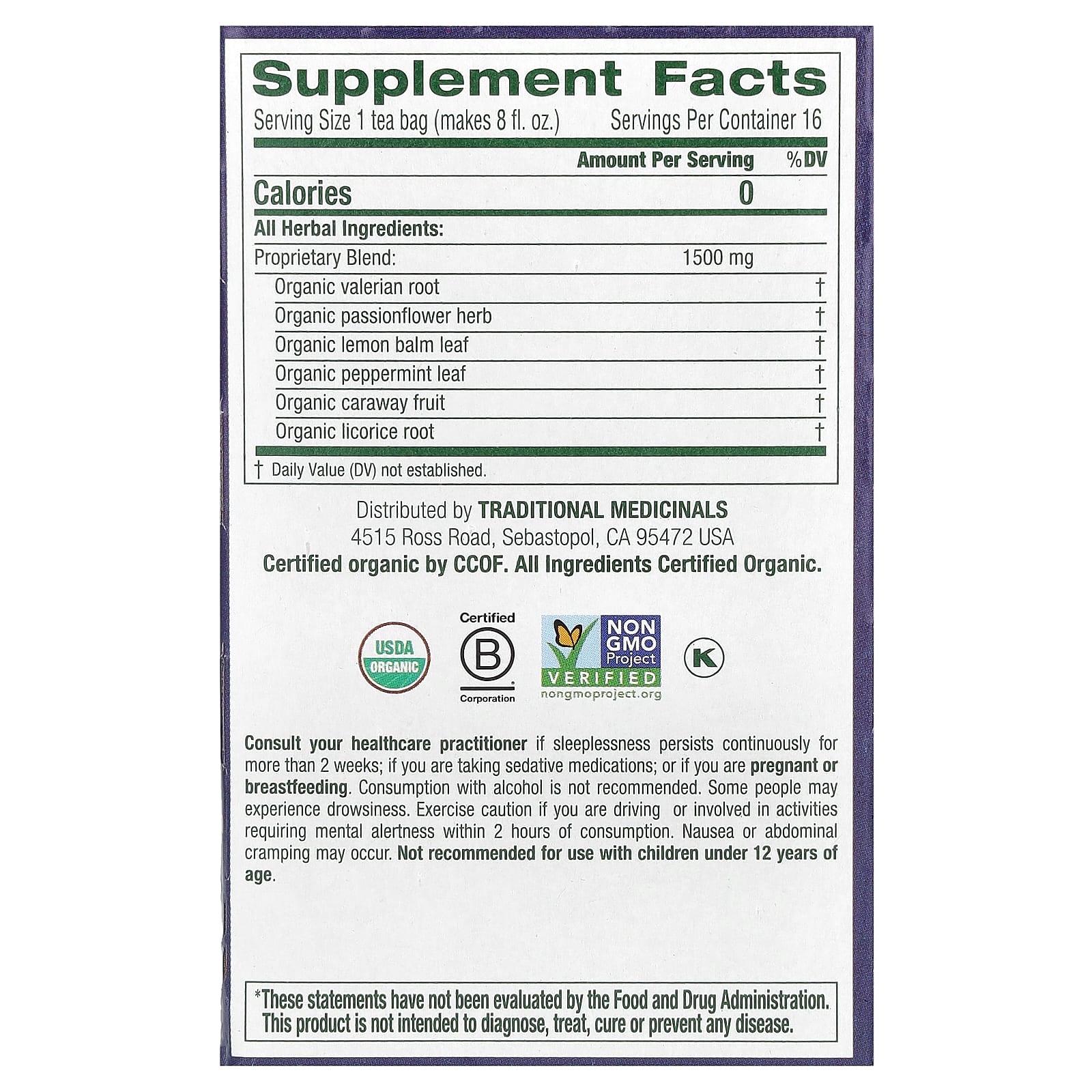 Traditional Medicinals, Nighty Night Extra, чай из органической валерианы, 16 отдельно упакованных чайных пакетиков, 24 г (85 унций)