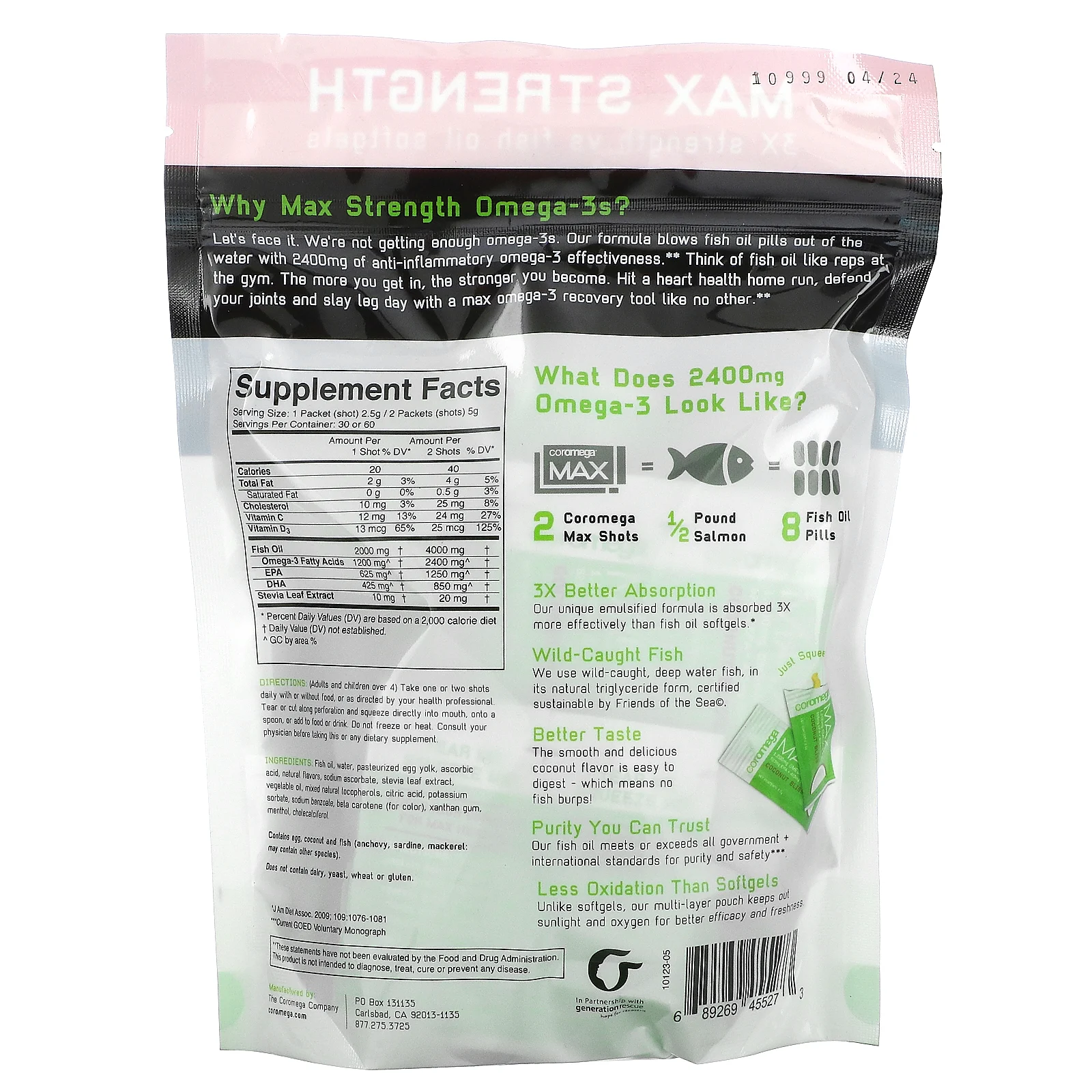 Coromega, Max, высококонцентрированный рыбий жир с омега-3, со вкусом кокоса, 2400 мг, 60 порций по 2,5 г (1200 мг в пакетике)