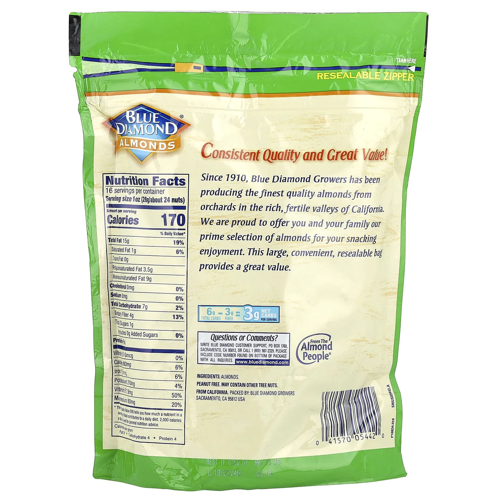 Blue Diamond, Миндаль, цельный натуральный, 454 г (16 унций)