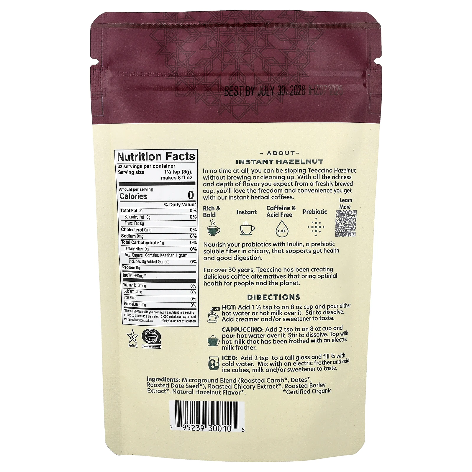 Teeccino, растворимый травяной кофе, фундук, средней обжарки, без кофеина, 100 г (3,53 унции)