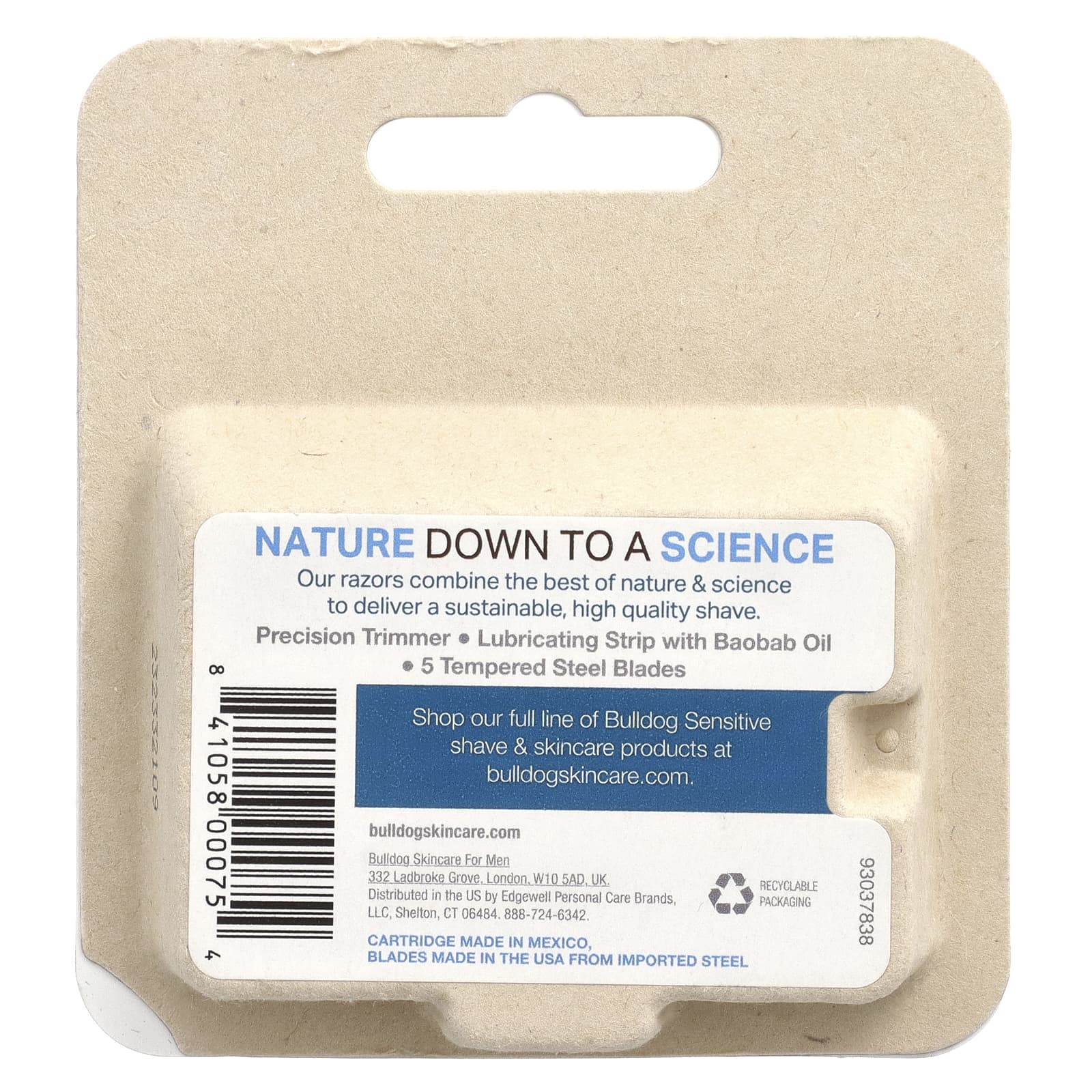 Bulldog Skincare For Men, чувствительные железные лезвия для бритья с маслом баобаба, 4 кассеты