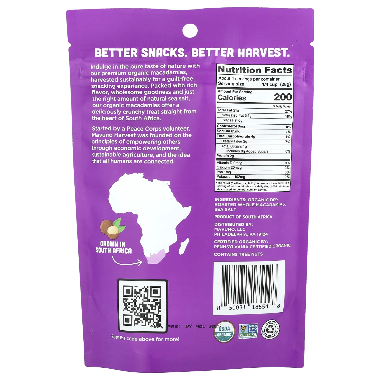 Mavuno Harvest, Органические макадамии, обжаренные с морской солью, 112 г (4 унции)