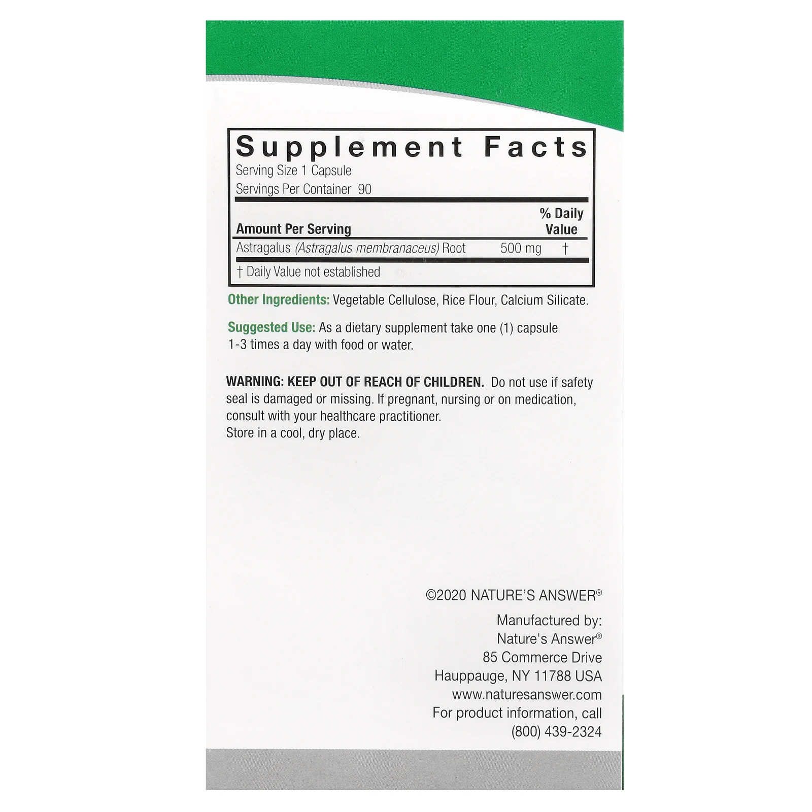 Nature's Answer, астрагал, 500 мг, 90 вегетарианских капсул