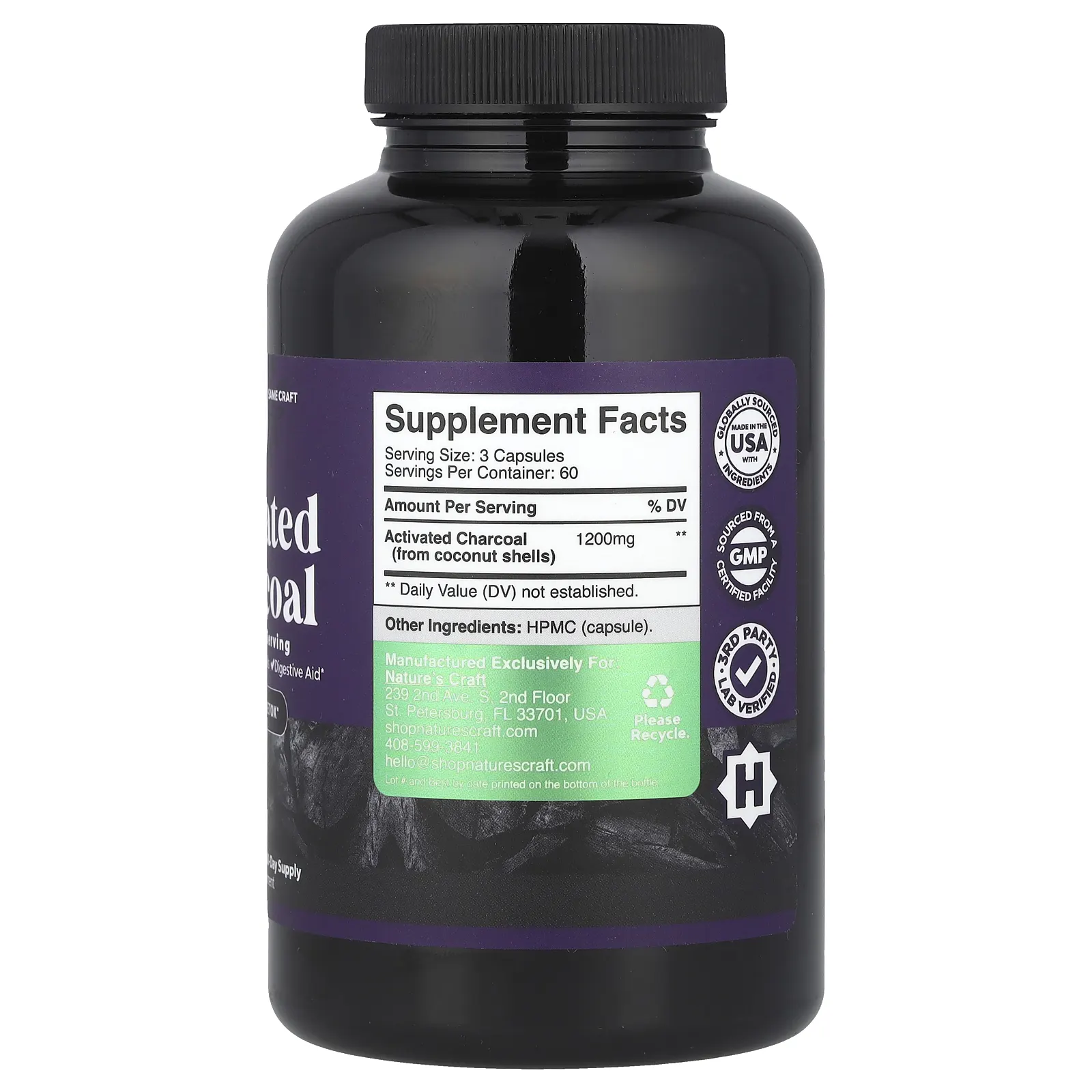 Nature's Craft, Активированный уголь, 180 растительных капсул (400 мг на капсулу)