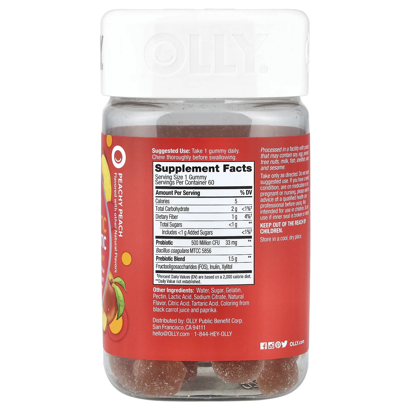 OLLY, жевательные таблетки с пробиотиками и пребиотиками, со вкусом персика, 60 жевательных таблеток