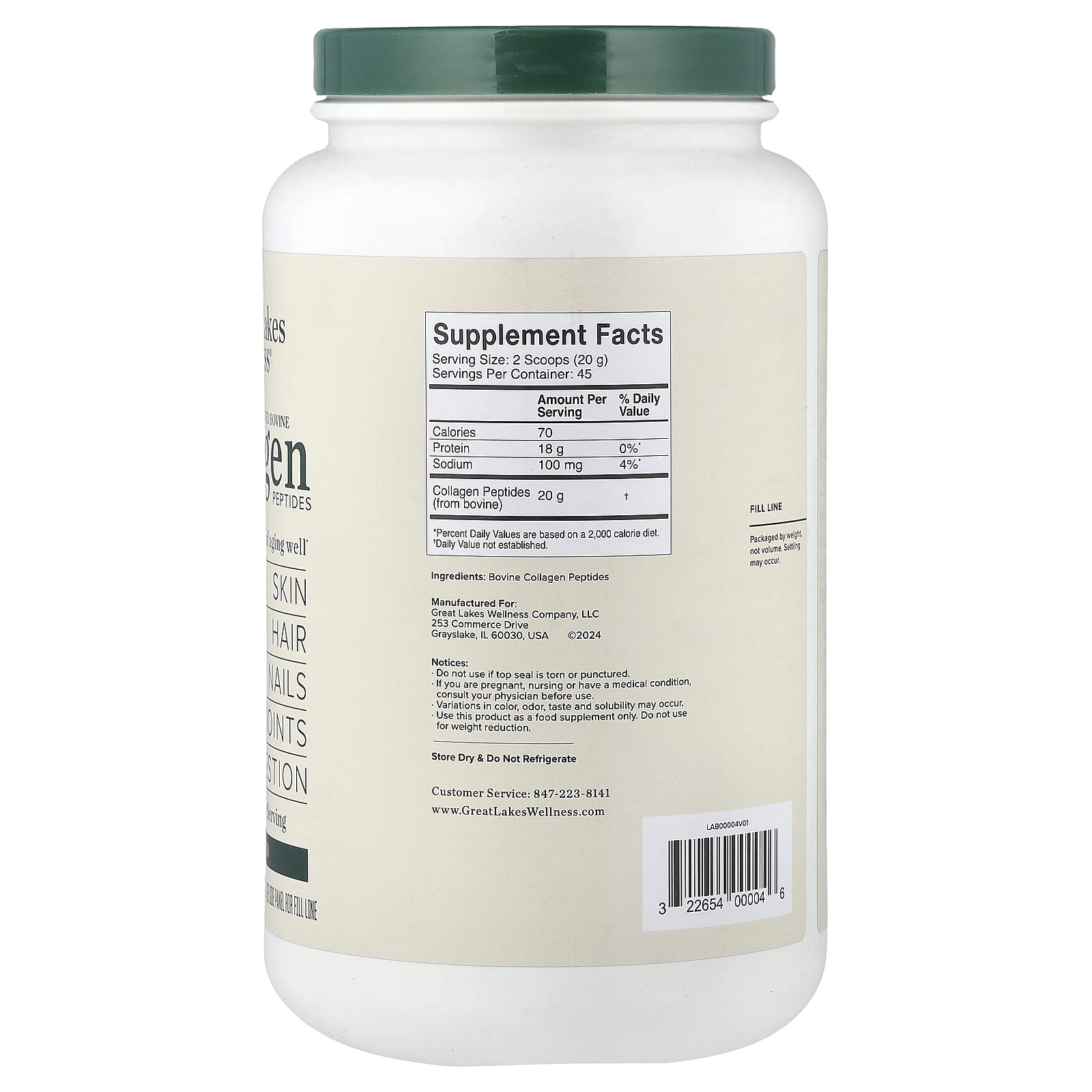 Great Lakes Wellness, пептиды бычьего коллагена от животных травяного откорма, без вкусовых добавок, 907 г (32 унции)