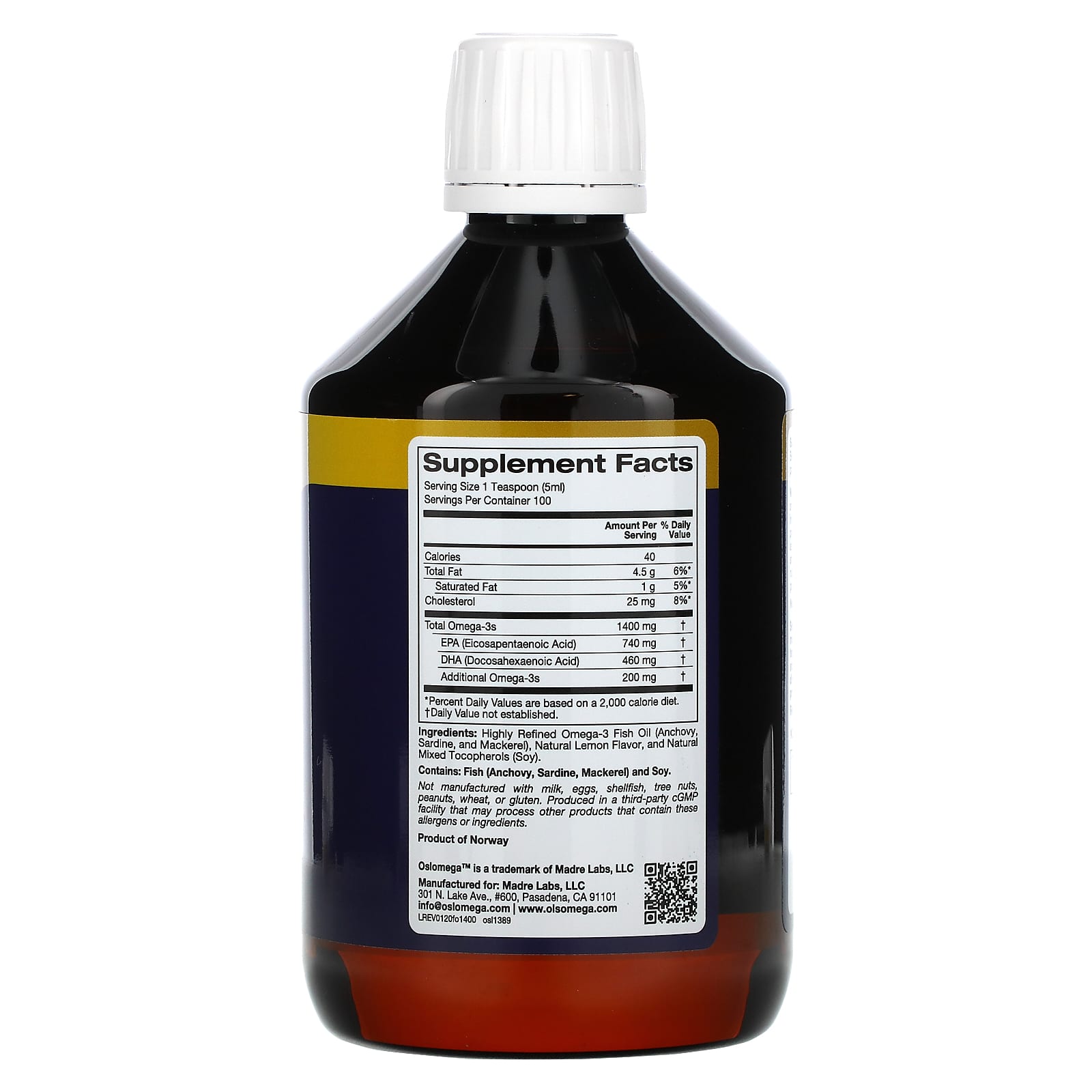 Oslomega, Рыбий жир с омега-3, натуральный лимонный вкус, 1400 мг, 500 мл (16,9 жидк. Унции)