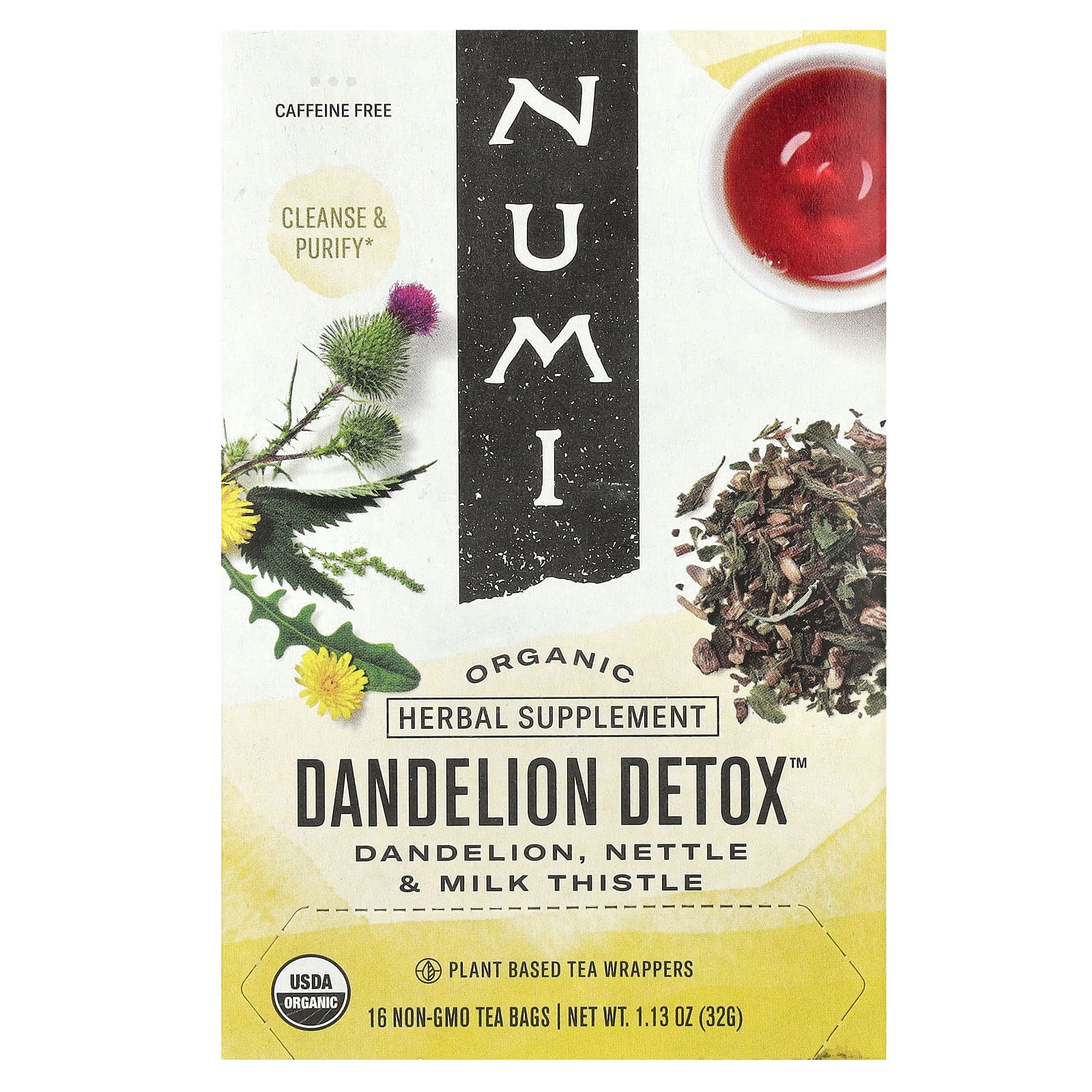 Numi Tea, Organic, Dandelion Detox, без кофеина, 16 чайных пакетиков без ГМО, 32 г (1,13 унции)