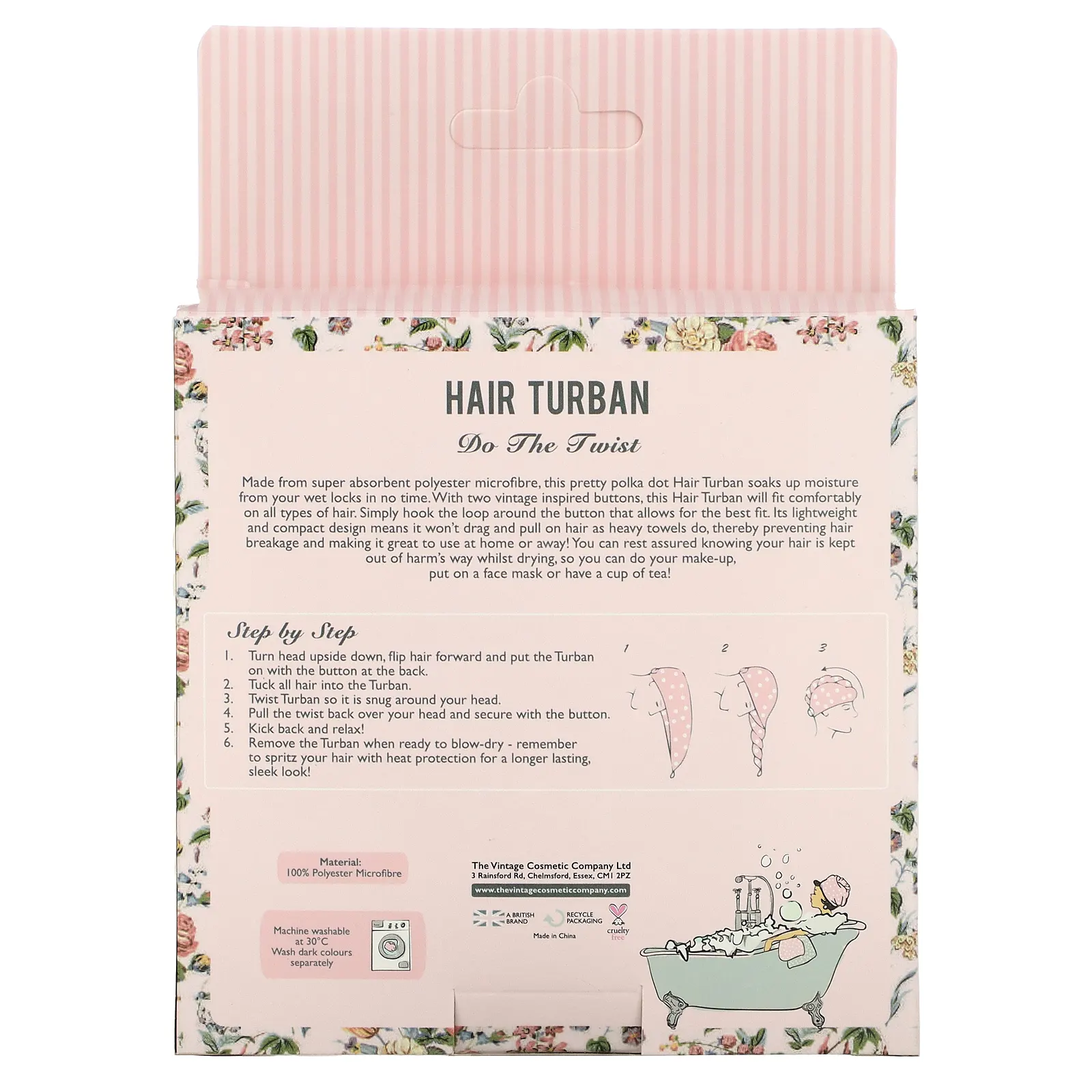 The Vintage Cosmetic Company, Тюрбан для волос, в розовый горошек, 1 штука