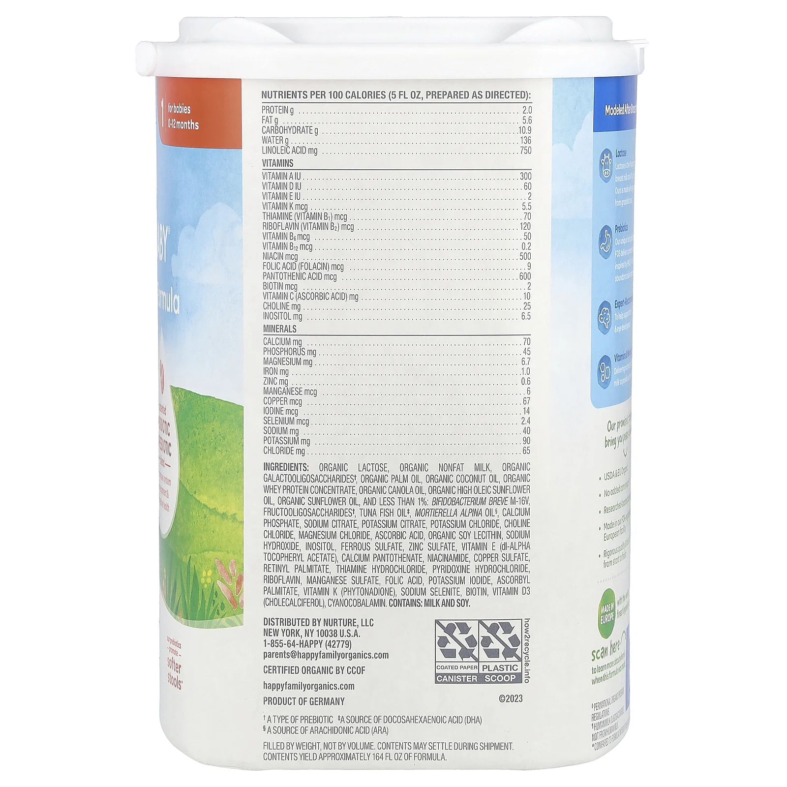 Happy Family Organics, Органическая смесь для младенцев, порошок на молочной основе с железом, 0–12 месяцев, 650 г (22,9 унции)