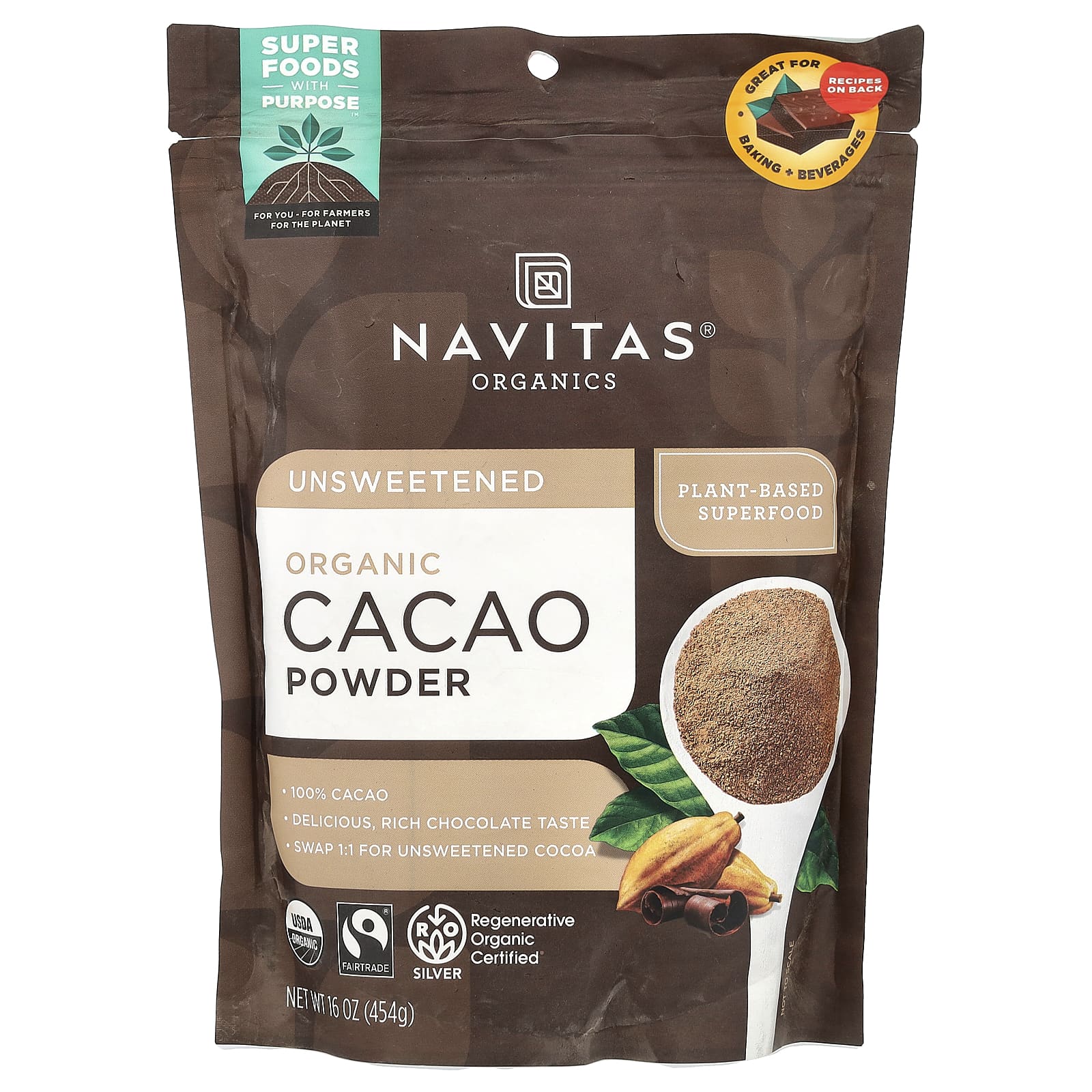 Navitas Organics, Органический какао-порошок, 454 г (16 унций)