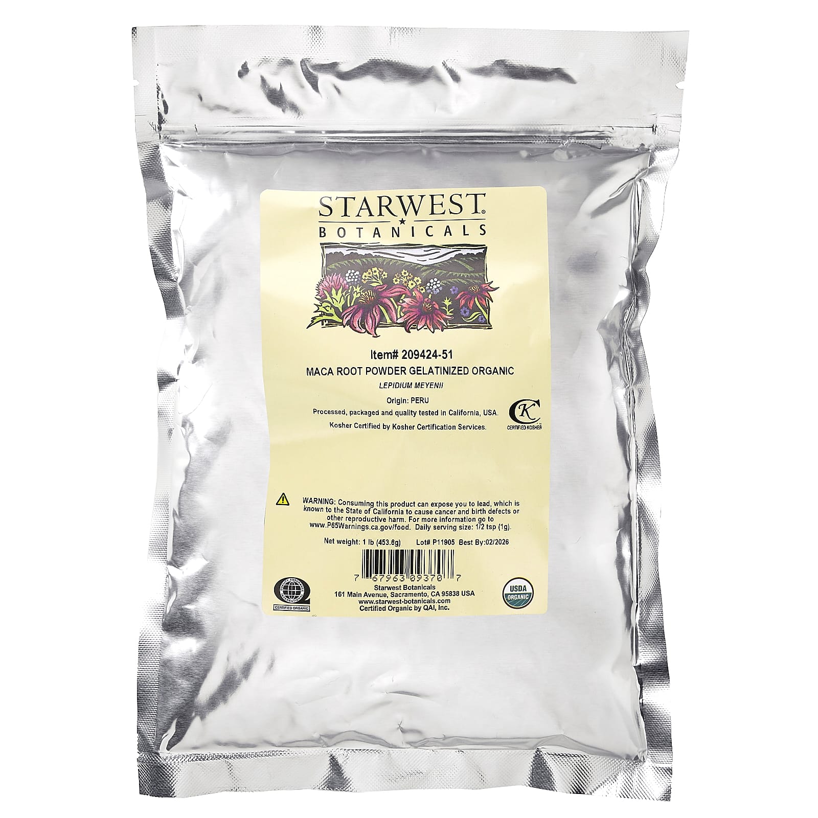 Starwest Botanicals, Порошок из органического корня маки, желатинизированный, 453,6 г (1 фунт)