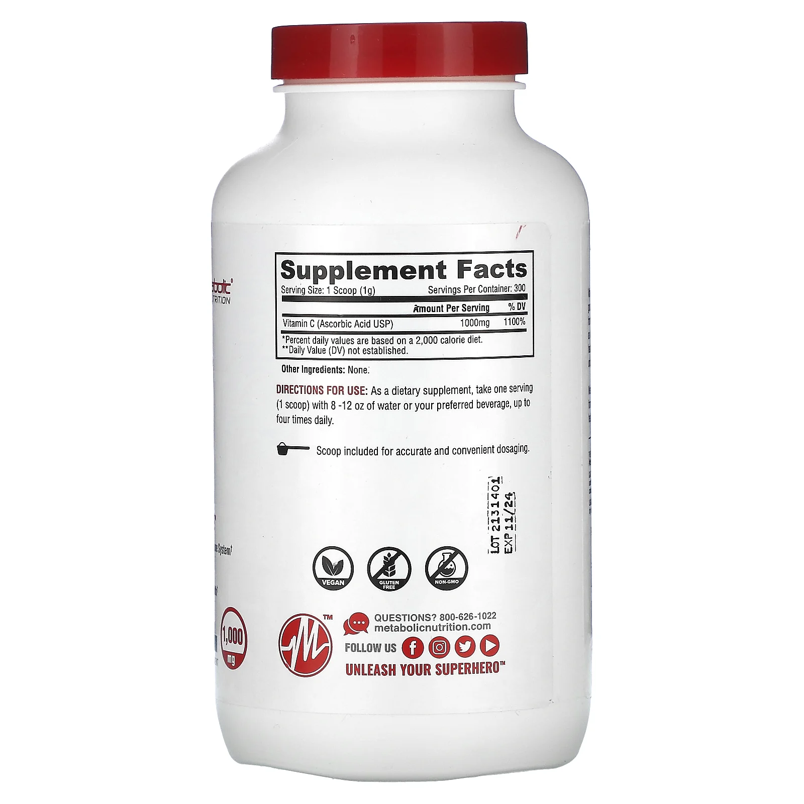 Metabolic Nutrition, Витамин C, без добавок, 1000 мг, 300 г (10,58 унции)