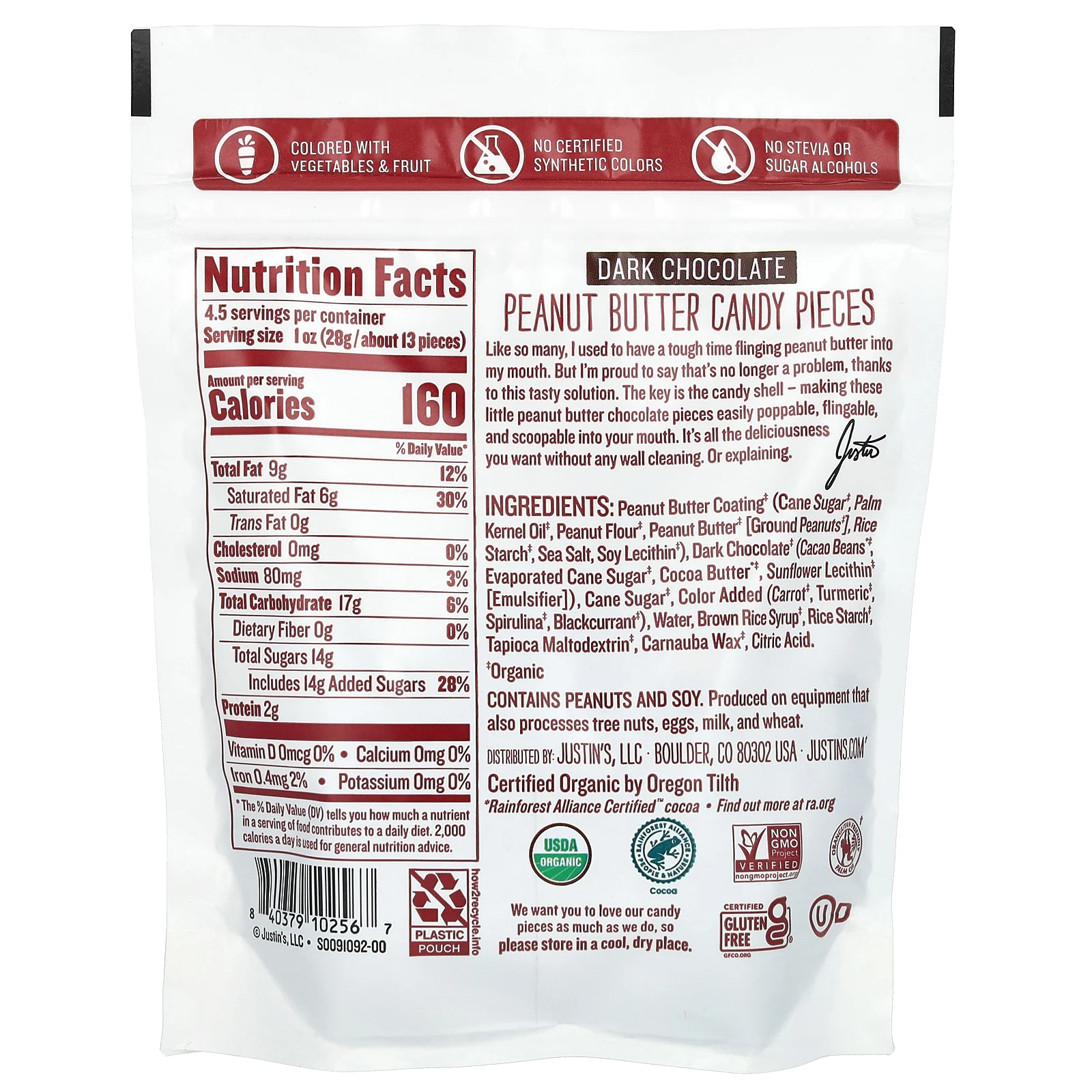 Justin's Nut Butter, Кусочки конфет с органическим арахисом, темный шоколад, 128 г (4,5 унции)