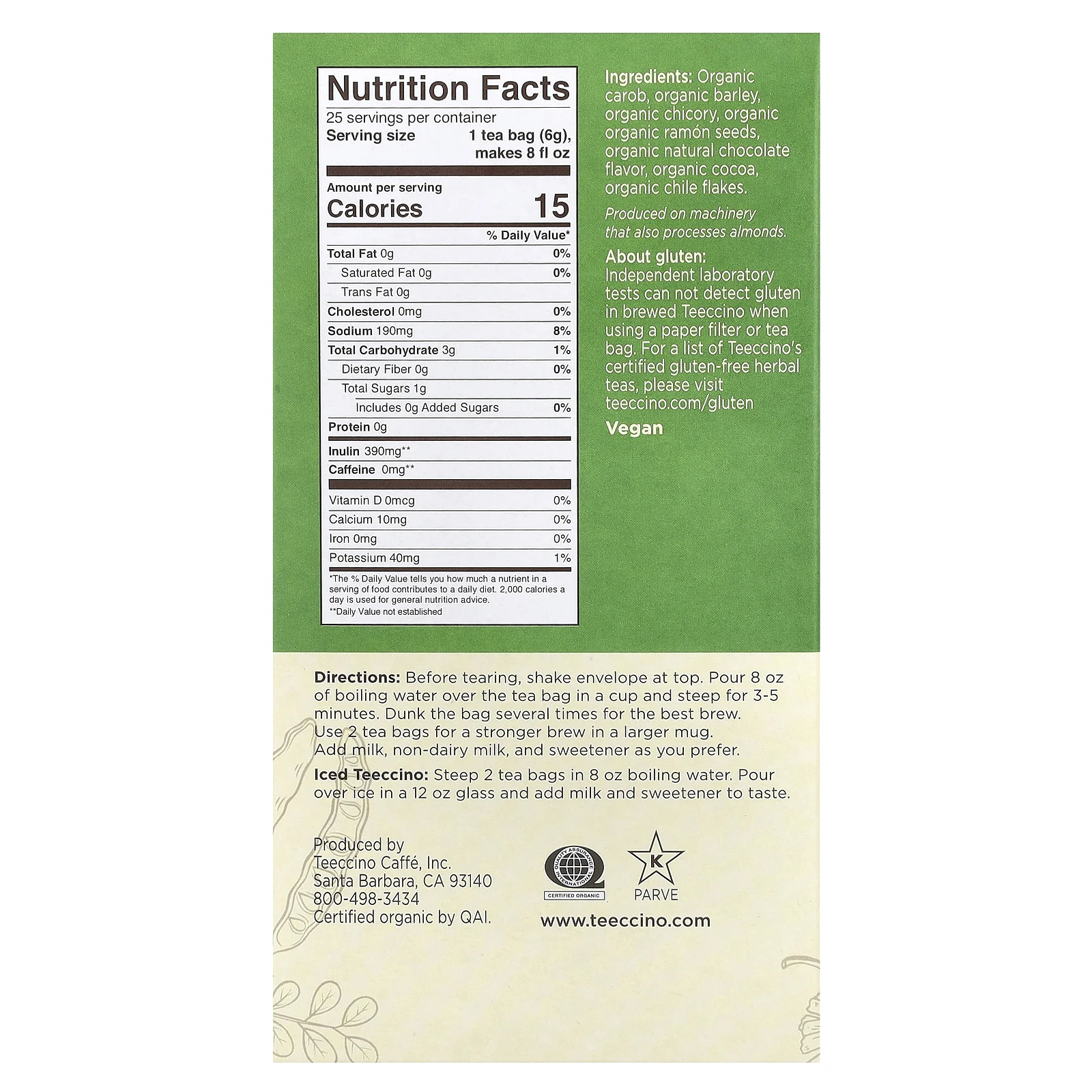 Teeccino, Органический жареный травяной чай, шоколад, без кофеина, 25 чайных пакетиков, 150 г (5,3 унции)